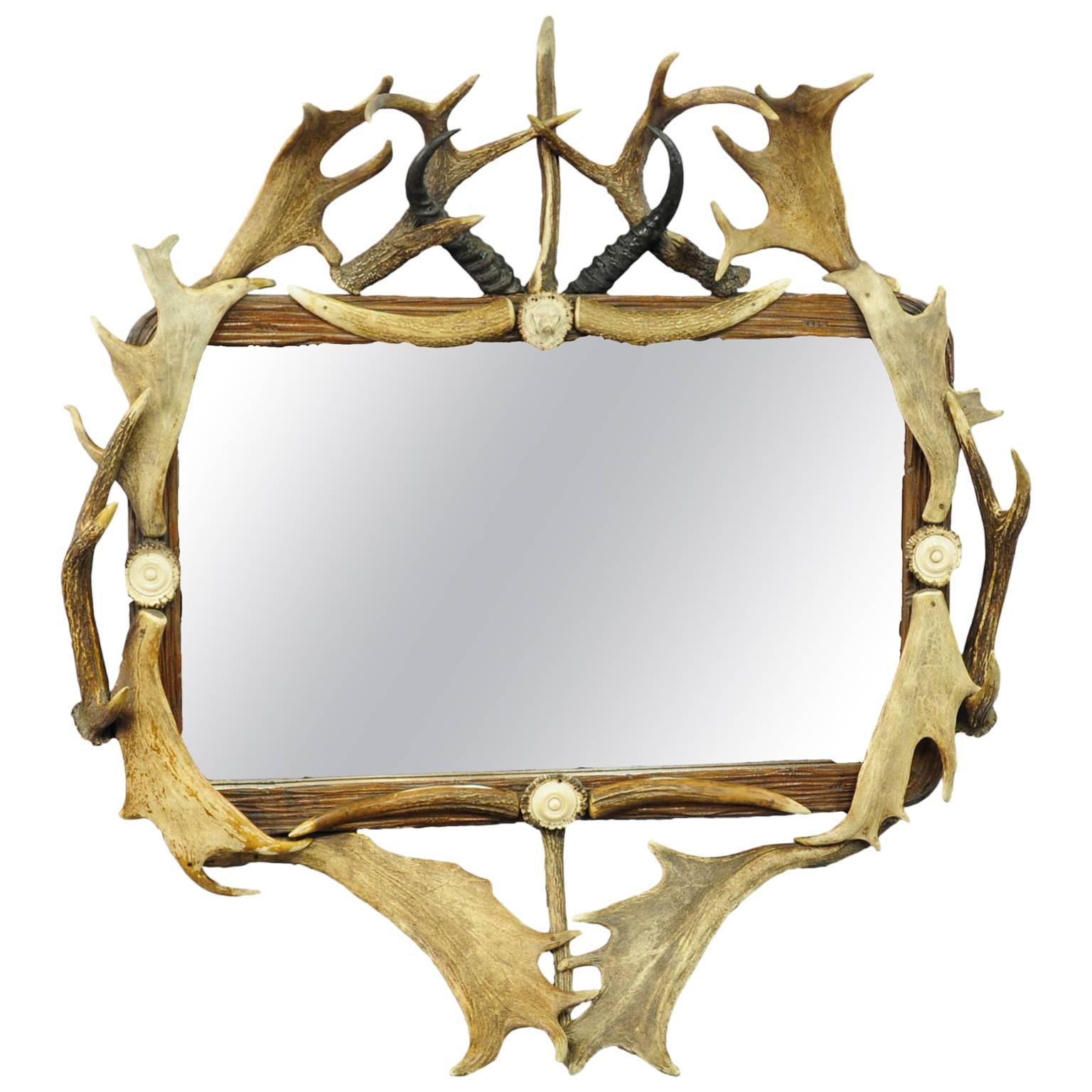 Antique Antler Frame with Rustic Antler Decorations and Mirror