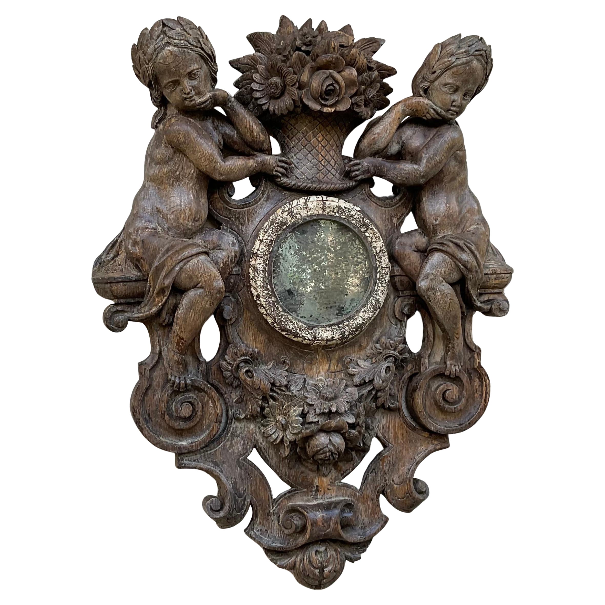 Antique Black Forest Wood Carving, Cherubs with Floral Basket, Mirror, 19th Cen