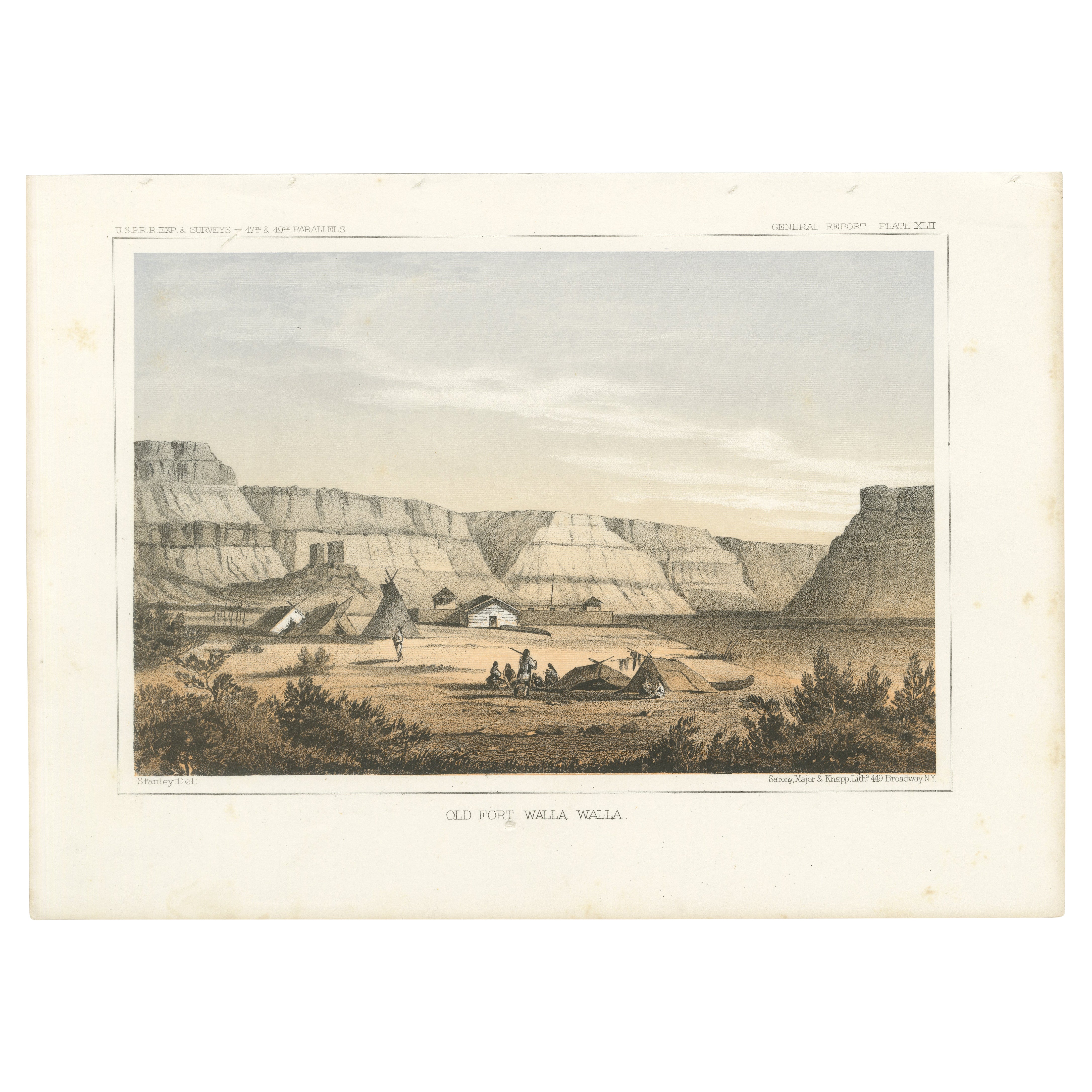 Original Antique Tinted Lithograph of Old Fort Walla Walla in Washington, 1856