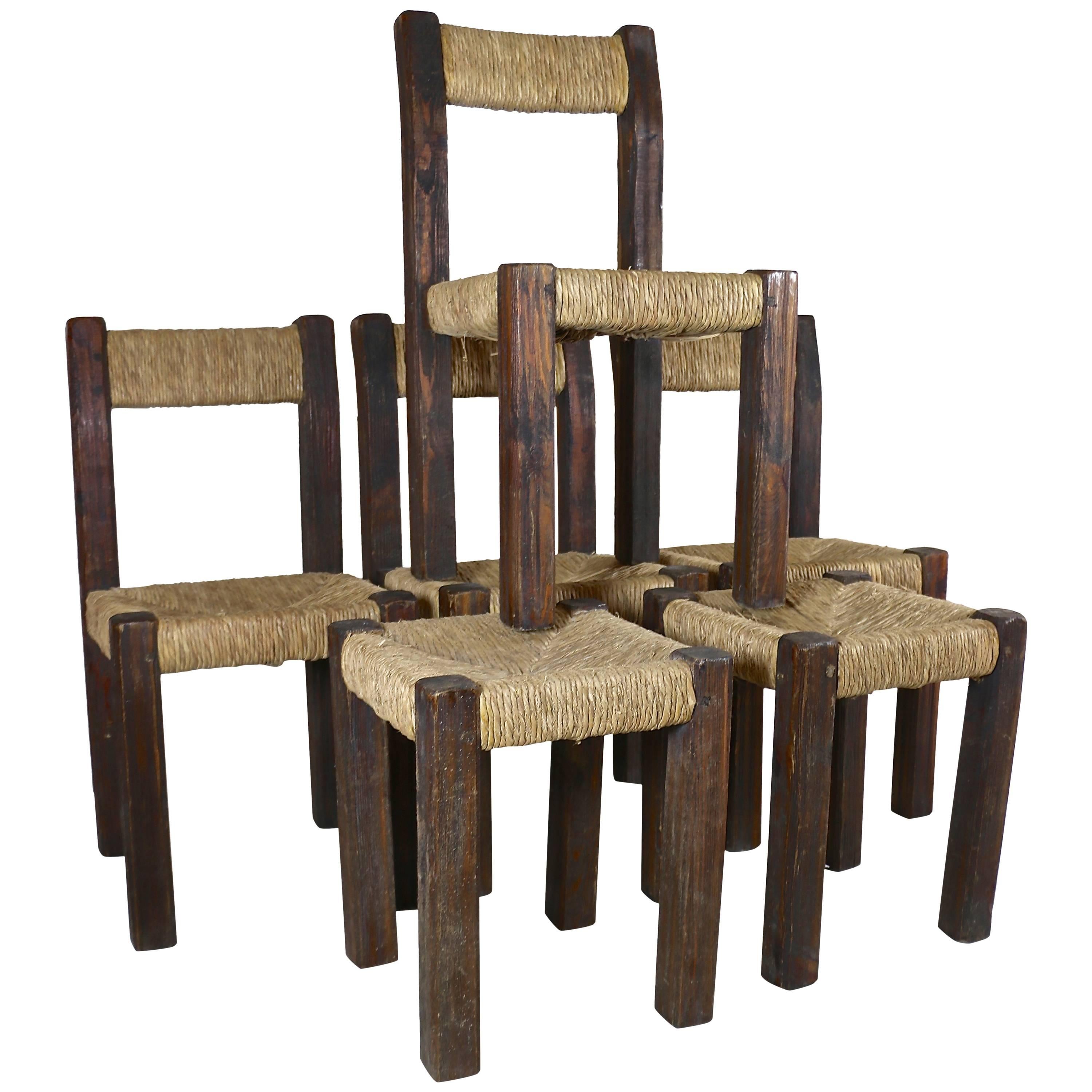 Four 1960s Rustic Chairs and Two Stools
