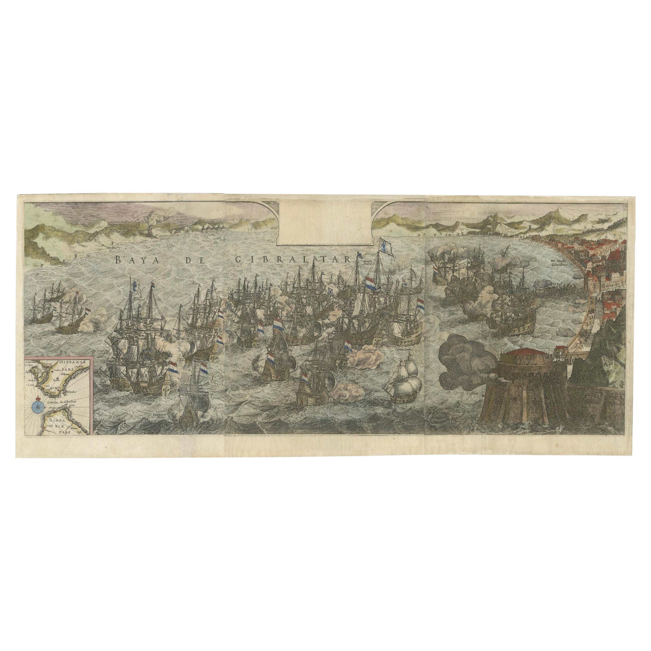 Raro gran grabado de cobre de 1650 que representa la batalla naval de Gibraltar, 1607