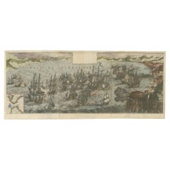 Antique Rare Large 1650 Copper Engraving Depicting the Naval Battle of Gibraltar, 1607