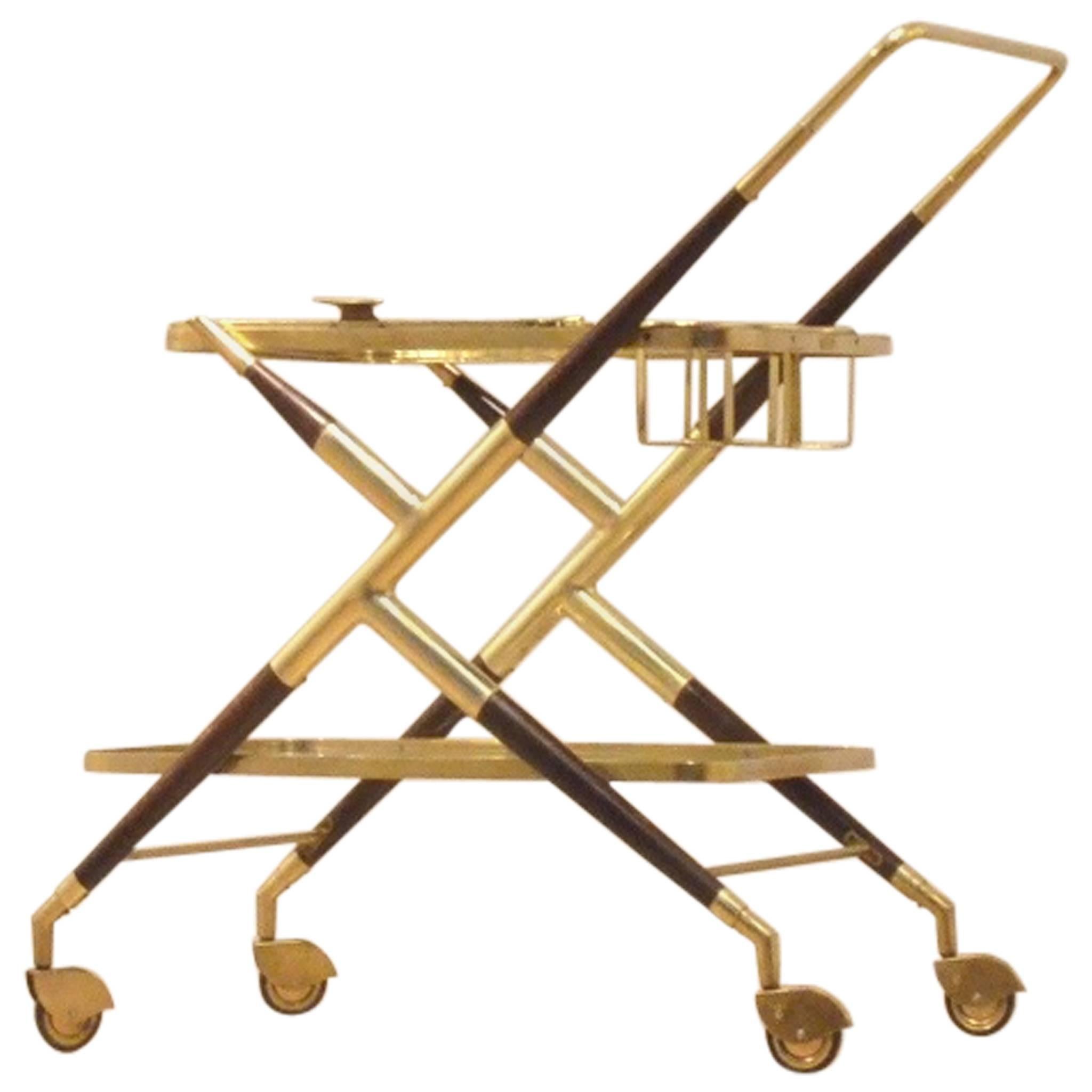1950s Cesare Lacca Mahogany, Brass & Glass Serving Trolley for Cassina
