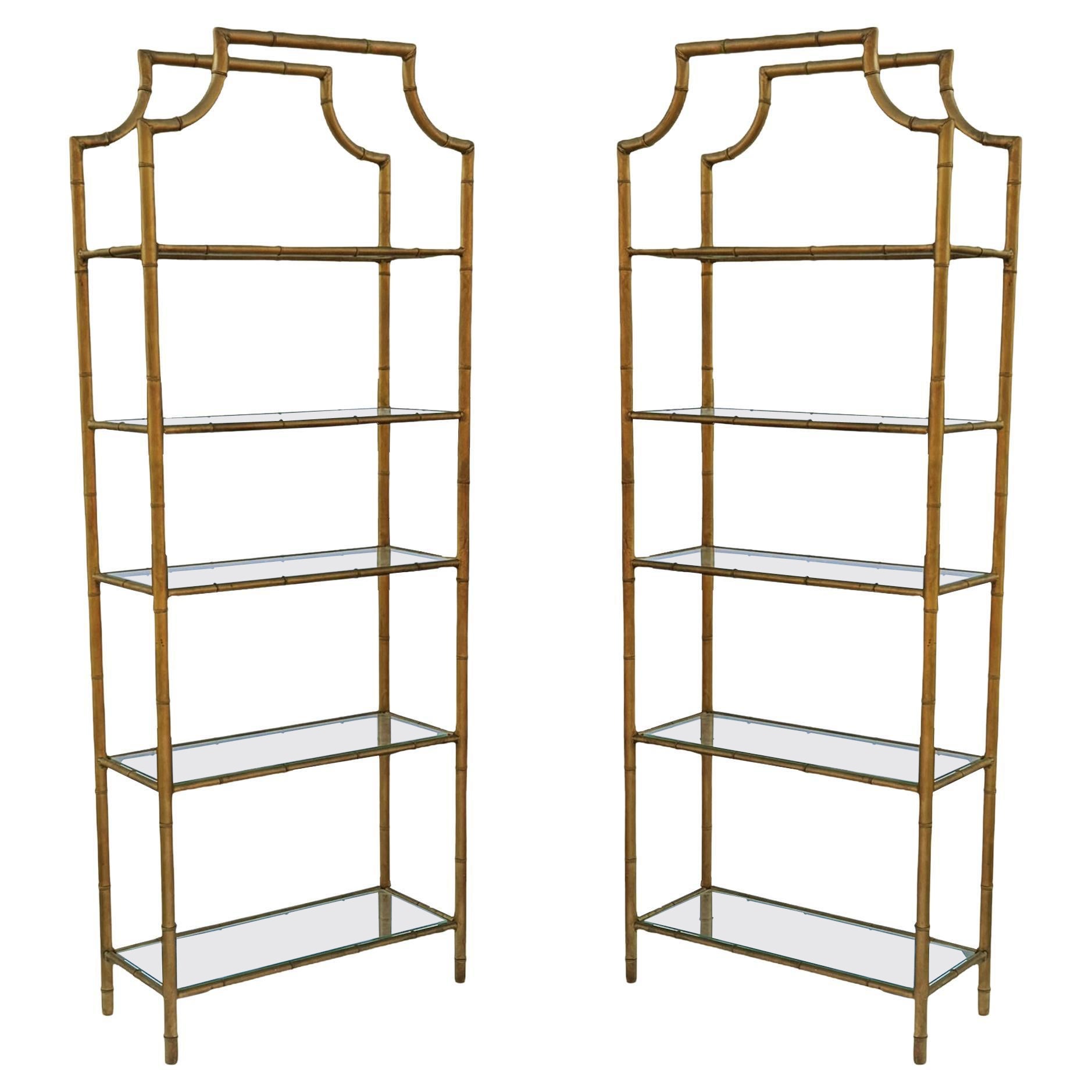 Pair Hollywood Regency Italian Brass & Gold Faux Bamboo Shelves or Etageres
