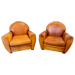 French Cognac Leather Club Chairs
