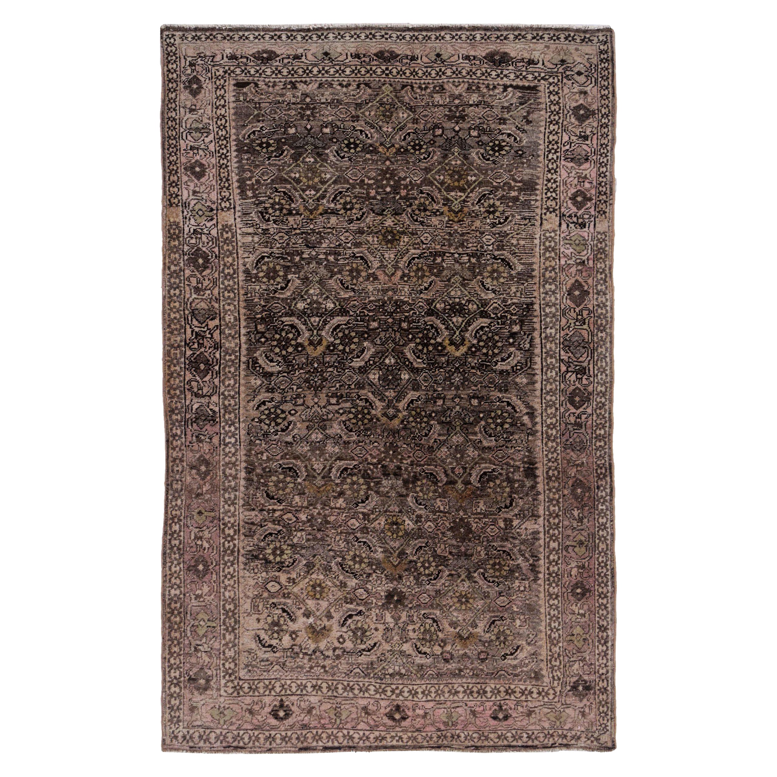 Tapis persan Bijar Small - Laine Brown Ivory Pink Design - 91592