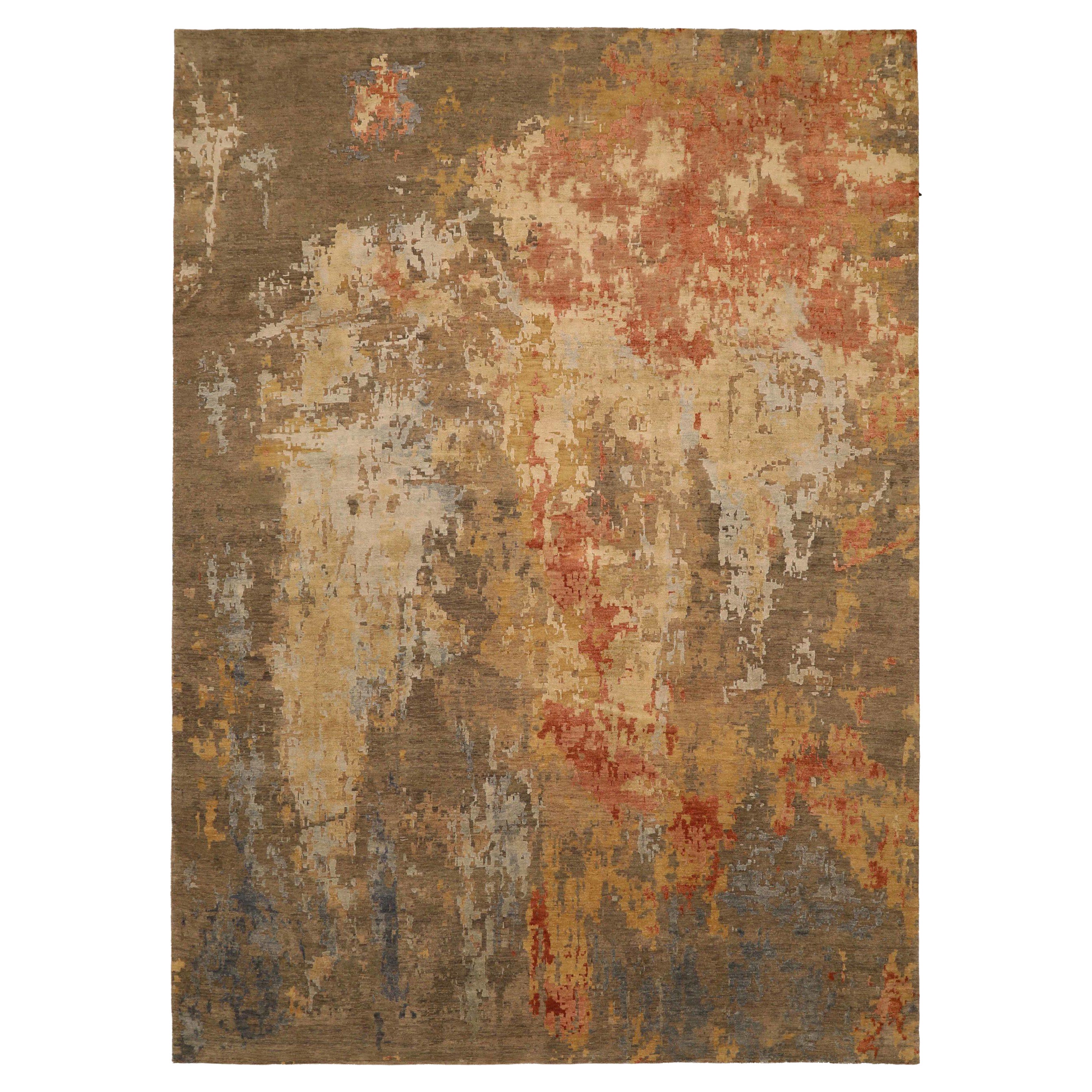 India Area Rugs Circa 1990 - Wool Brown Ivory Red Yellow Design - 91653