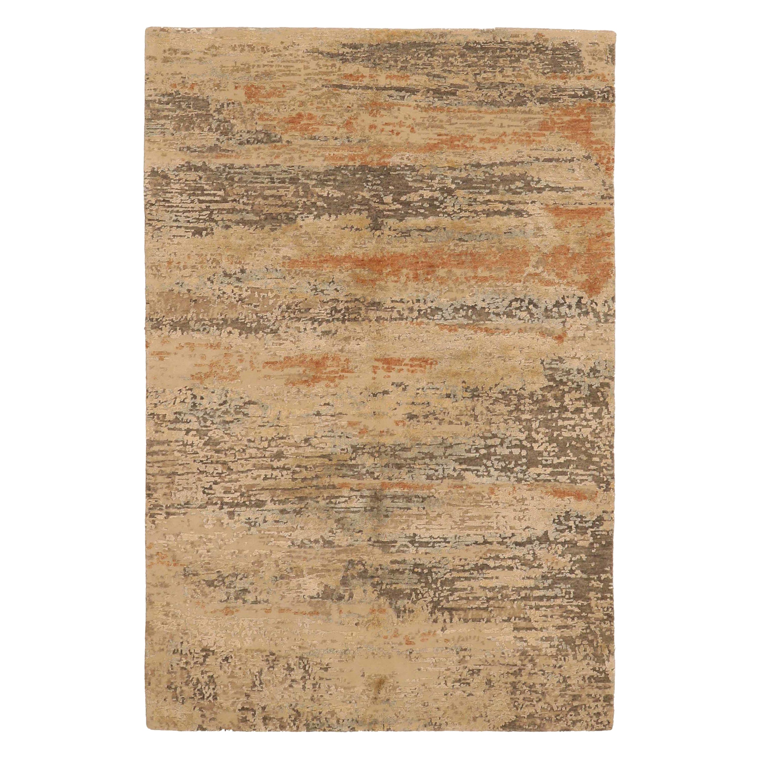 India Small Rug Circa 1990 - Wool Brown Ivory Orange Design - 91673 For Sale
