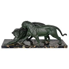 French Art Deco Panthers Sculpture by Plagnet, circa 1930