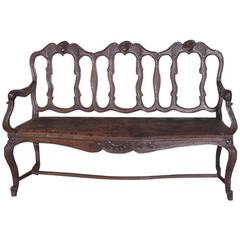 Antique 19th Century Country French Walnut Regence Canape Bench with Original Leather 