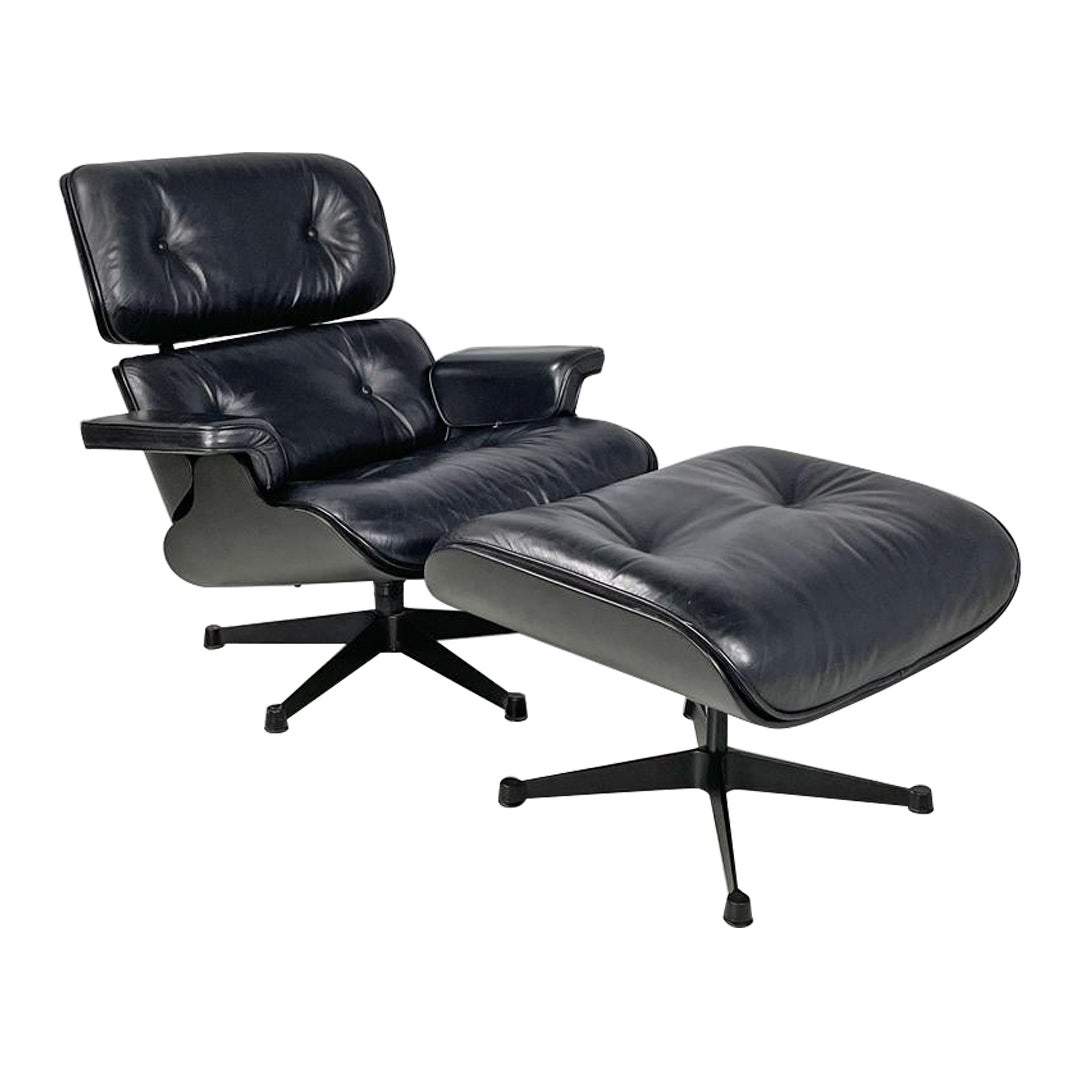 Sillón moderno italiano de cuero negro y metal 670 671 Eames para ICF, años 70 en venta