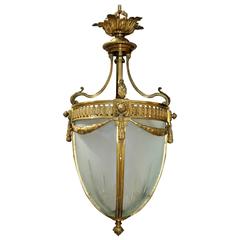 Elegant French Etched Glass & Bronze Filigree Draped Chandelier Lantern Fixture