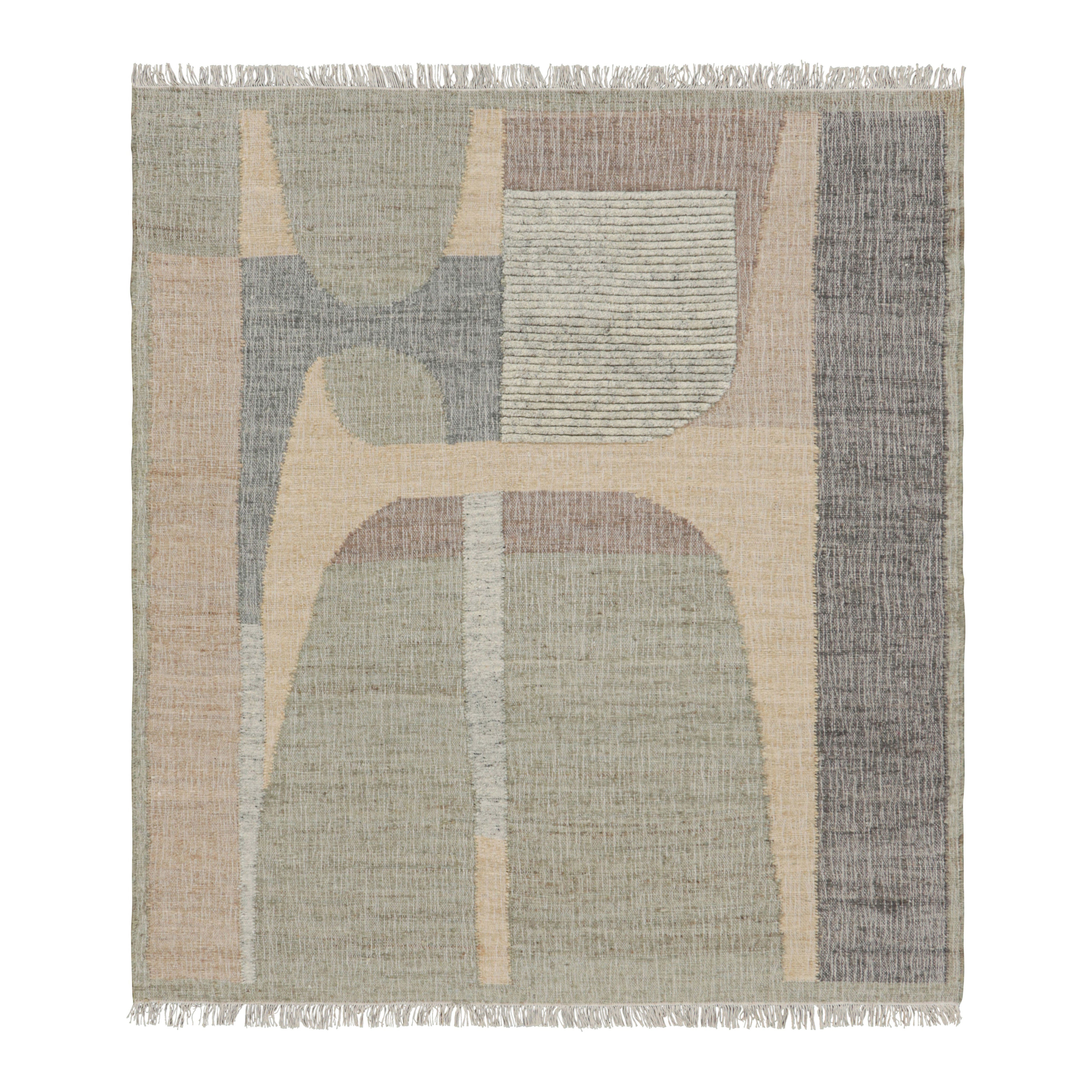 Rug & Kilim’s Flatweave Rug in Beige with Gray, White & Green Geometric Pattern For Sale