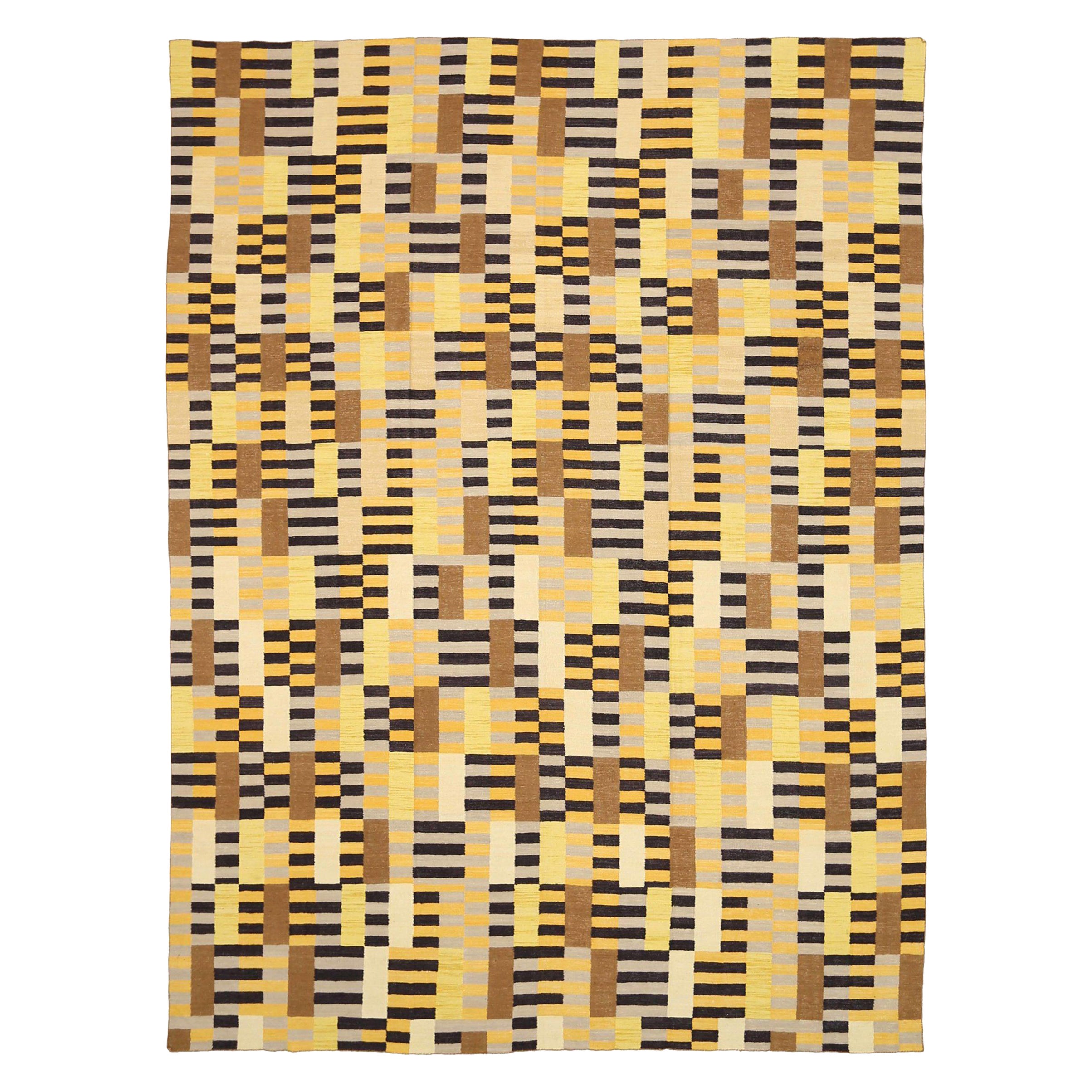 Afghanistan Kilim Area Rugs CIRCA 1990 - Wolle Schwarz Elfenbein Gelb Design - 92088
