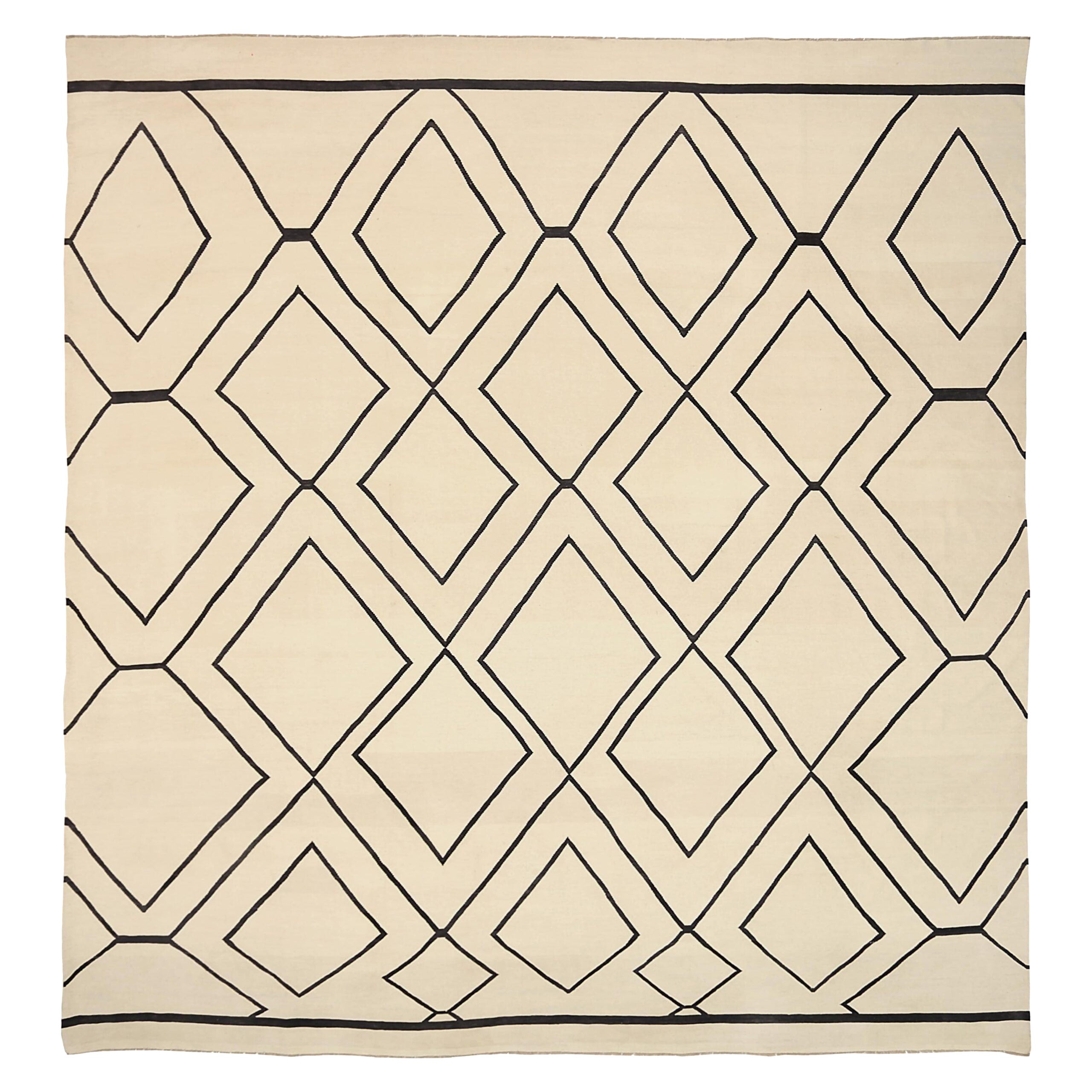 Afghanistan Kilim Square Area Rugs Circa 1990 - Wool Black Ivory Design - 92094