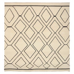 Afghanistan Kilim Square Area Rugs Circa 1990 - Wool Black Ivory Design - 92094