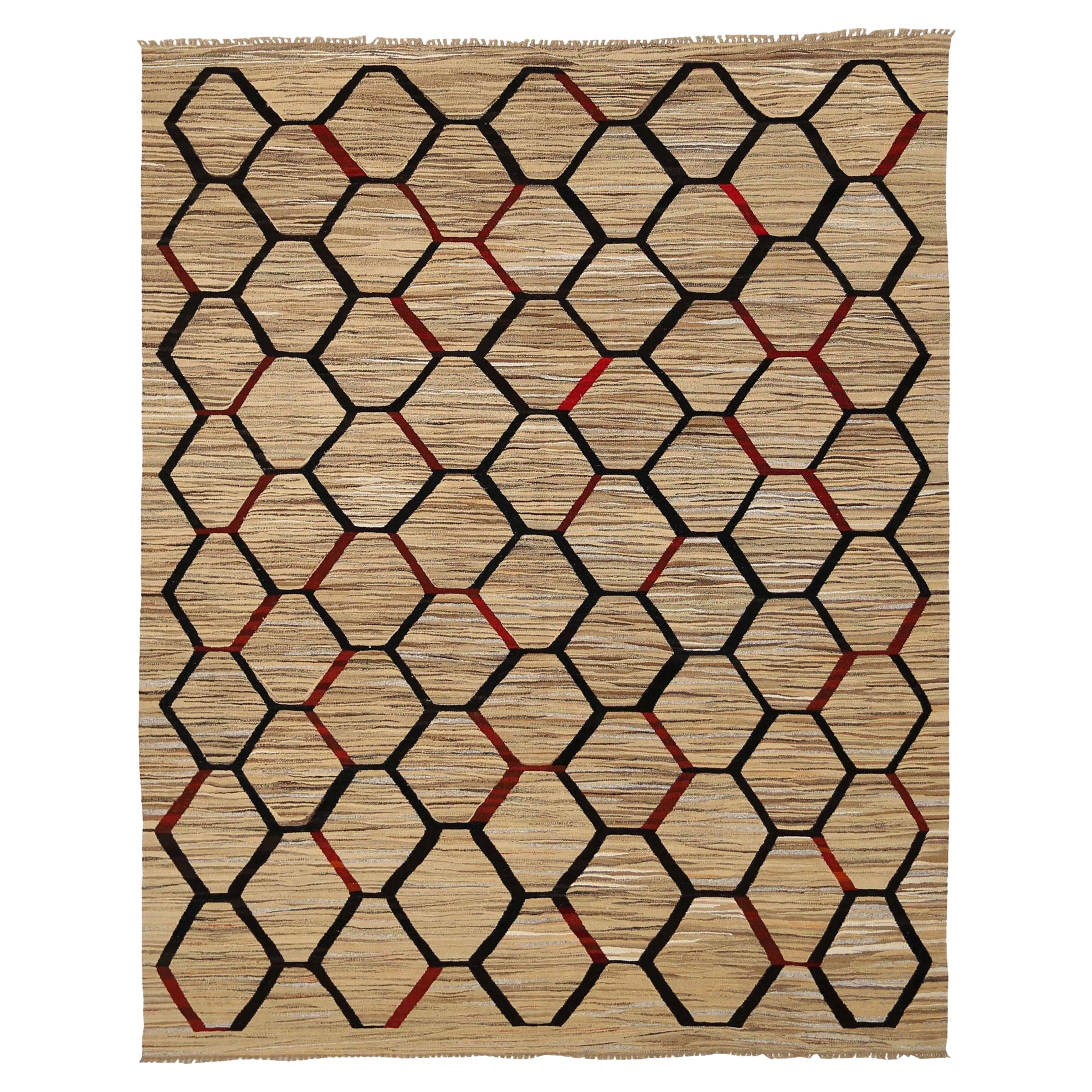 Afghanistan Rugs Kilim Circa 1990 - Laine Noir Brown Red Design - 92108