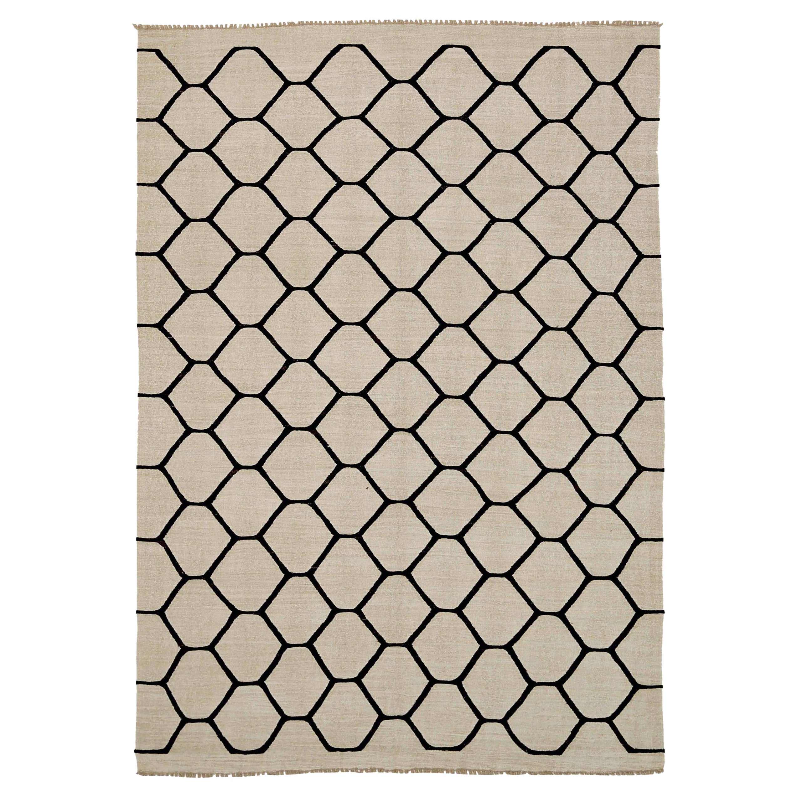Afghanistan-Kelim-Teppiche Circa 1990 - Wolle Schwarz Elfenbein Design - 92112