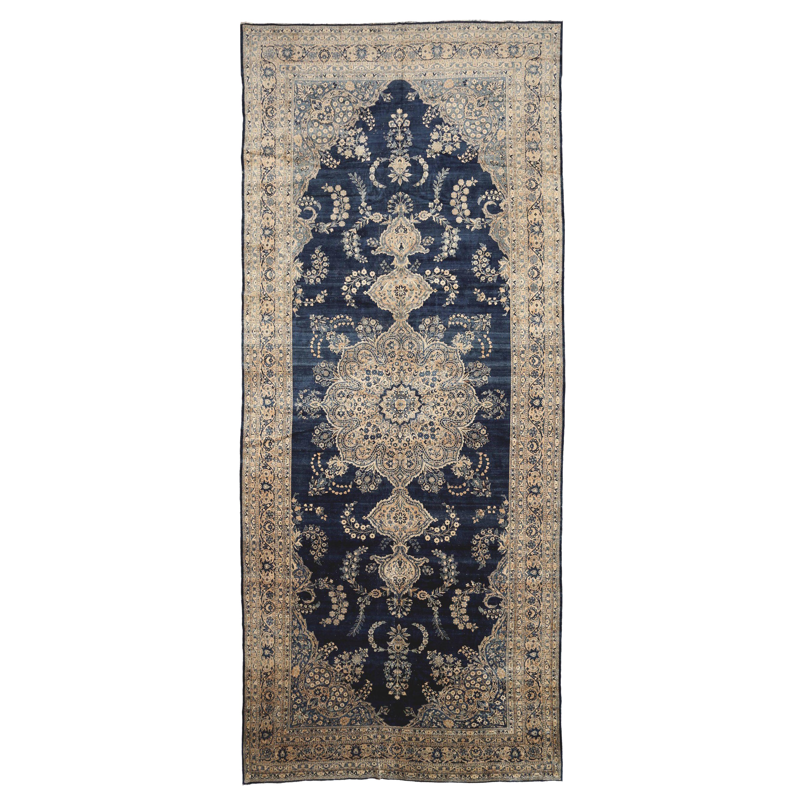 Tappeto persiano Kerman Over Size Circa 1880 - Lana Avorio Blu Navy Taupe - 92122 in vendita