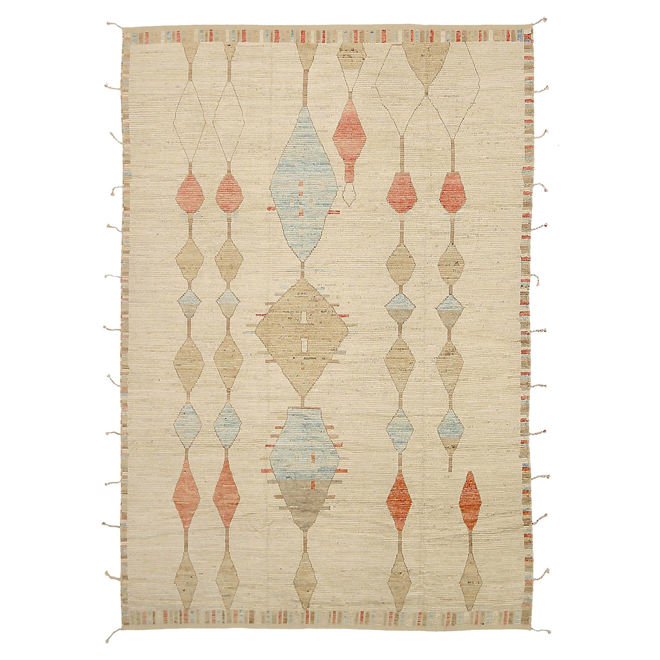 Afghanistan Moroccan Area Rugs Circa 1990 - Wool Blue Ivory Orange Taupe - 92225 For Sale