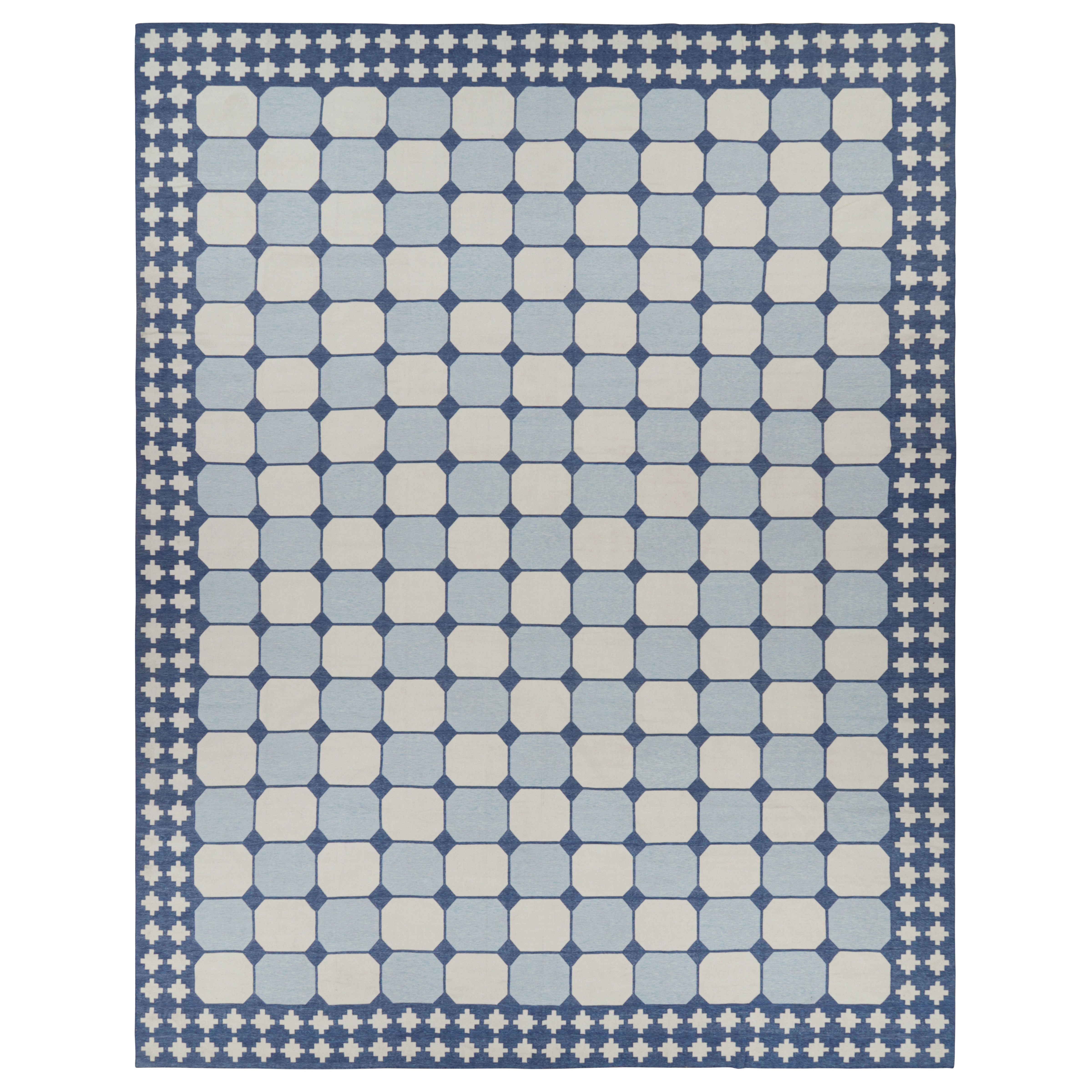 Rug & Kilim's Oversized Dhurrie Rug in White and Blue Geometric Patterns