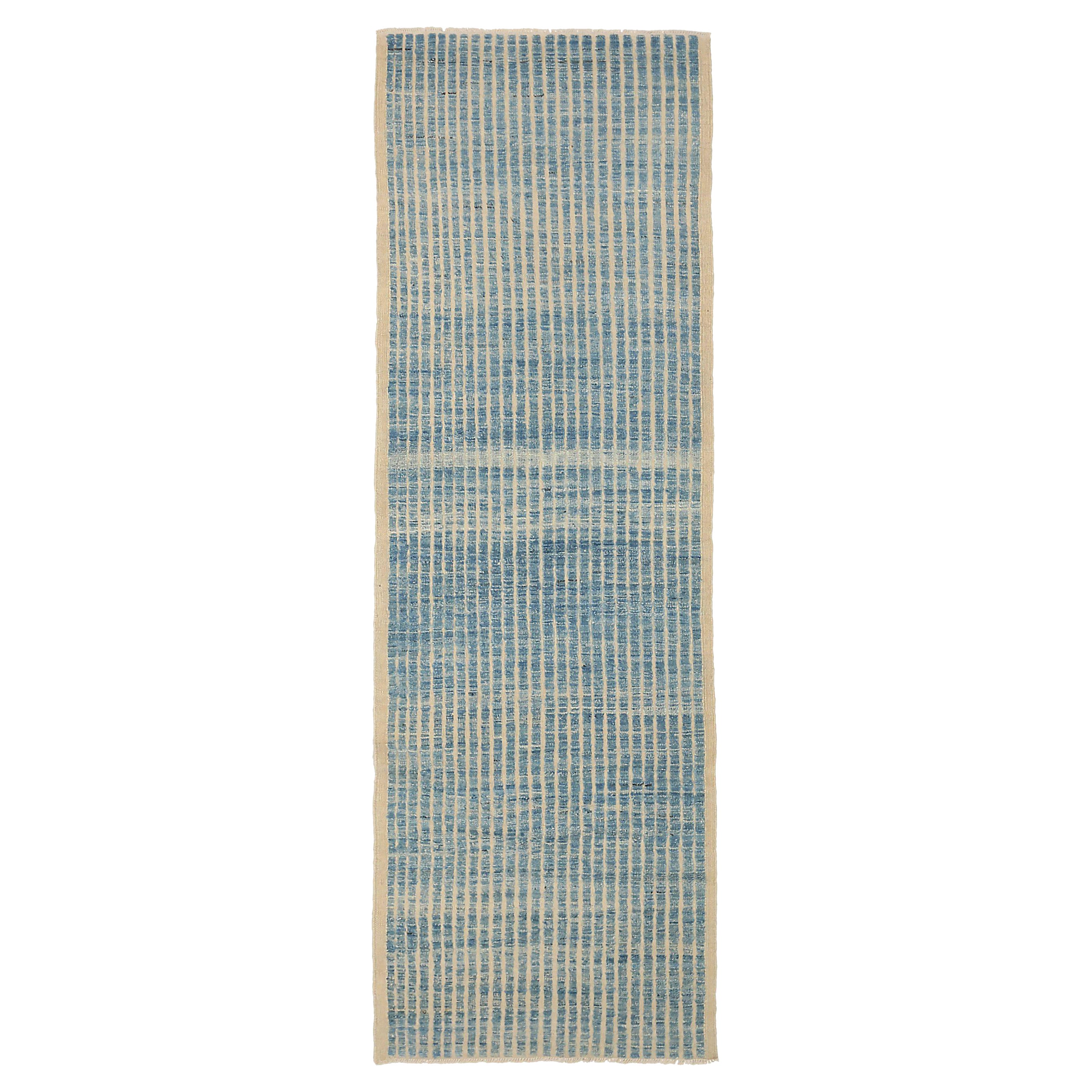 Afghanistan Moroccan Runner Rug Circa 1990 - Wool Blue Ivory Design - 92293