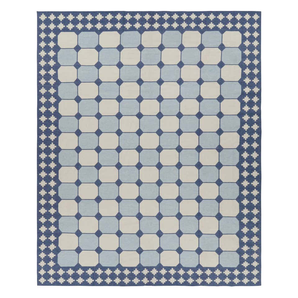 Blue Geometric Pattern Flatweave Handmade Wool Rug 10' X 14'4