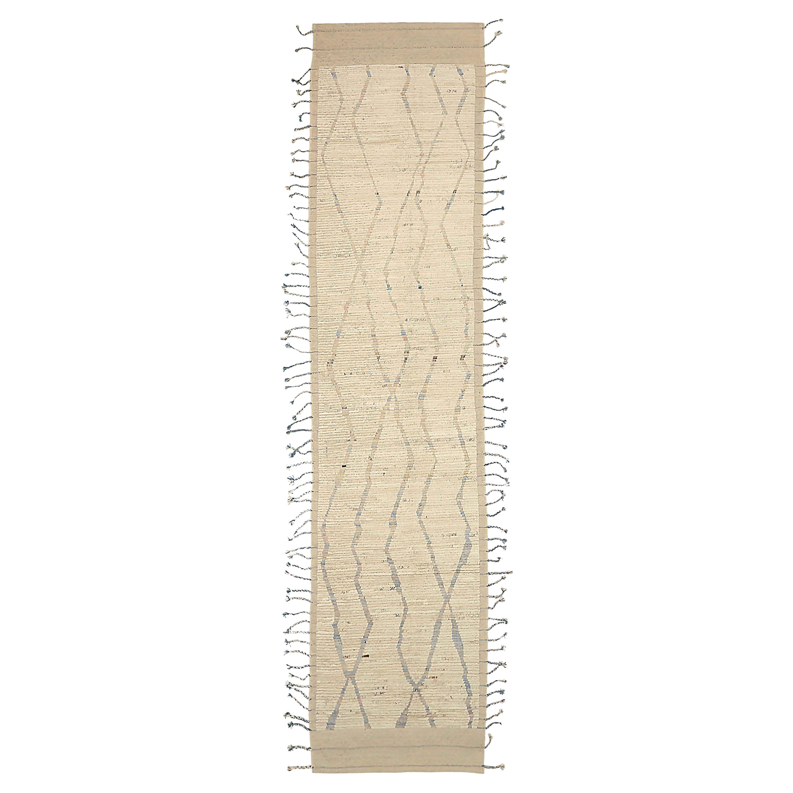 Afghanistan Moroccan Runner Rug Circa 1990 - Wool Gray Ivory Design - 92295