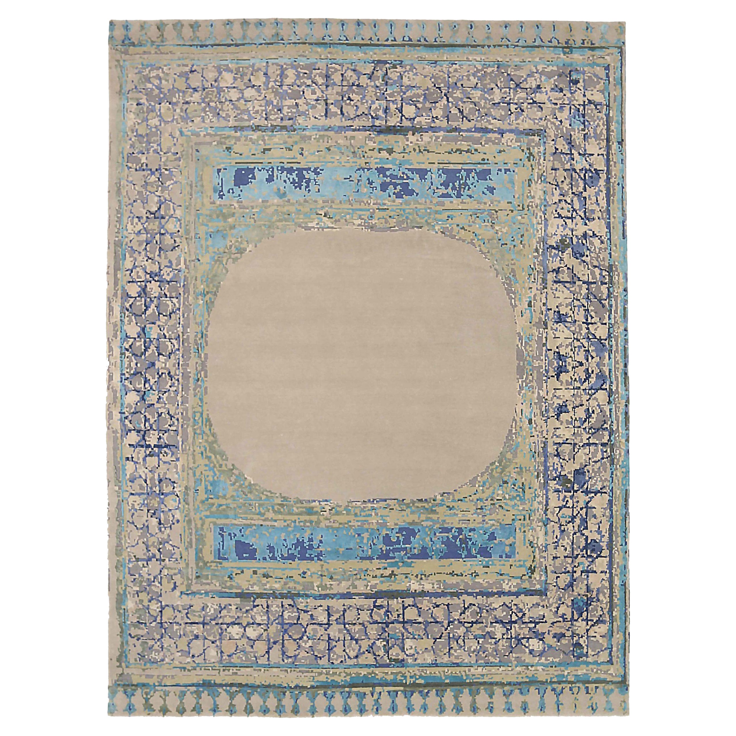 India Area Rugs Circa 1990 - Wool Blue Brown Green Ivory Design - 92310
