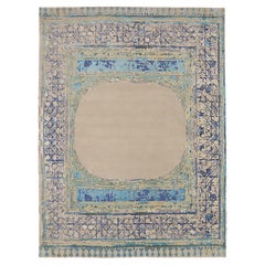 India Area Rugs Circa 1990 - Wool Blue Brown Green Ivory Design - 92310