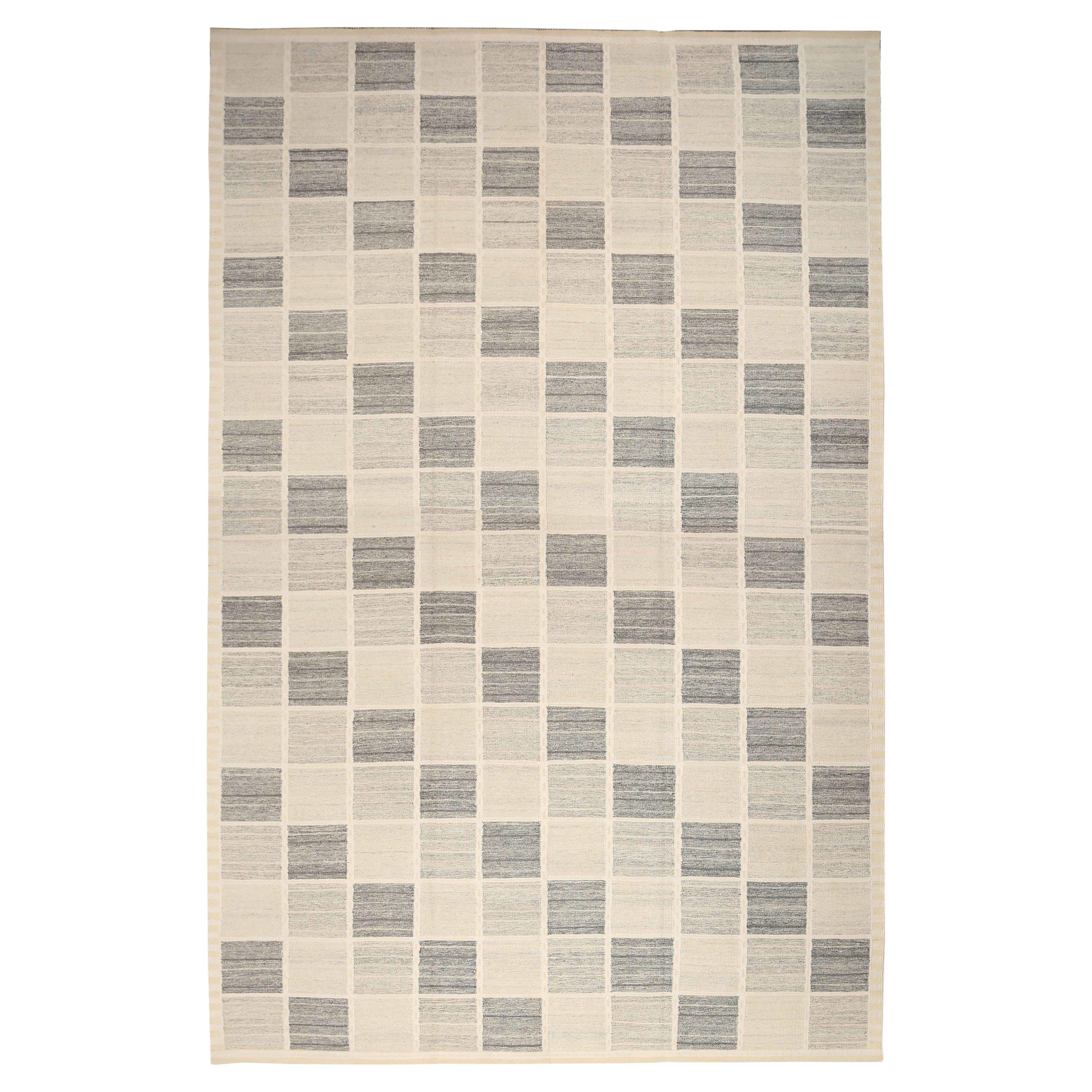 Skandinavischer übergroßer indischer Teppich Circa 1990 - Wolle Grau Elfenbein Design - 92372