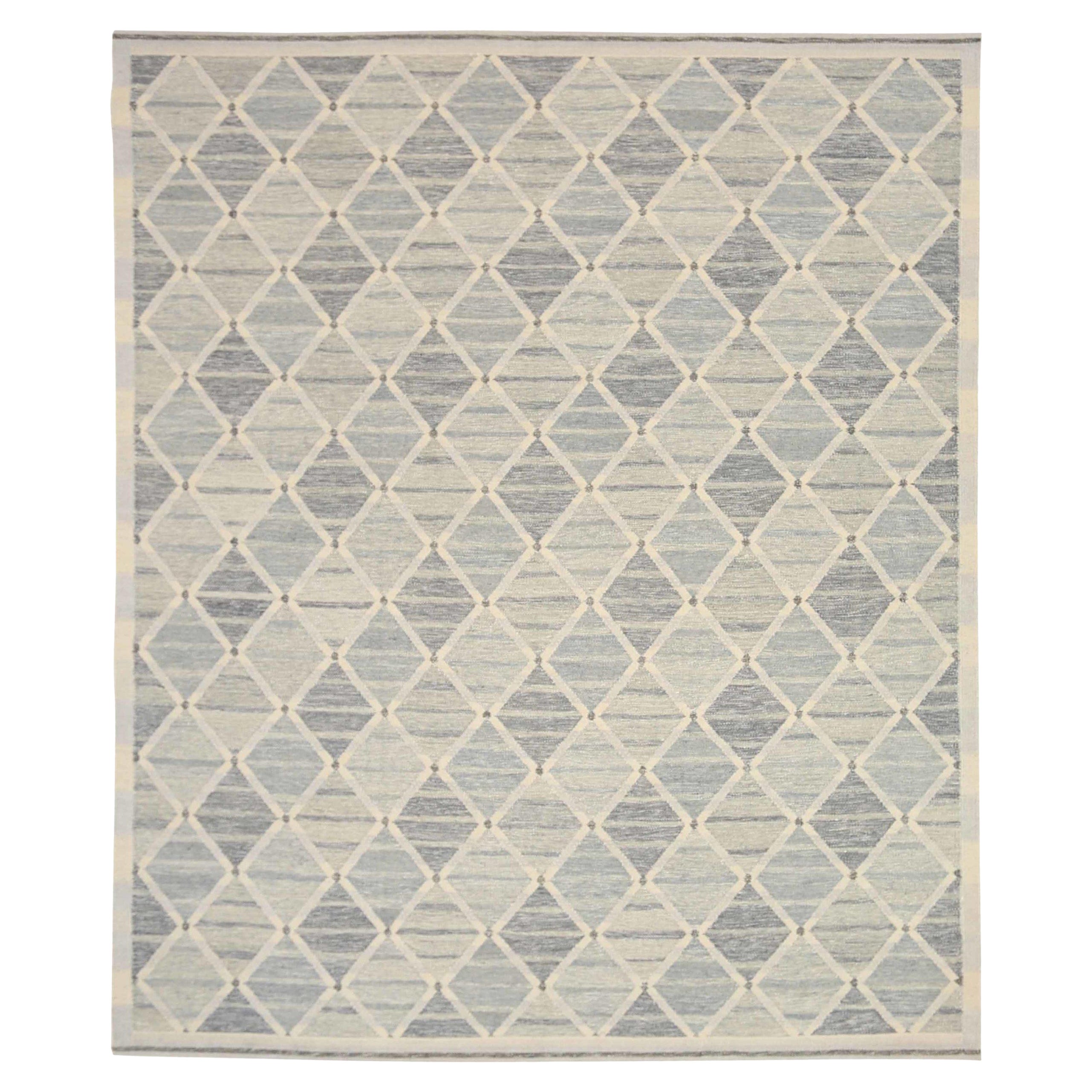 Skandinavischer übergroßer indischer Teppich Circa 1990 - Wolle Blau Grau Elfenbein - 92374