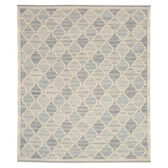 Inde Tapis scandinave surdimensionné Circa 1990 - Laine Bleu Gris Ivoire - 92374