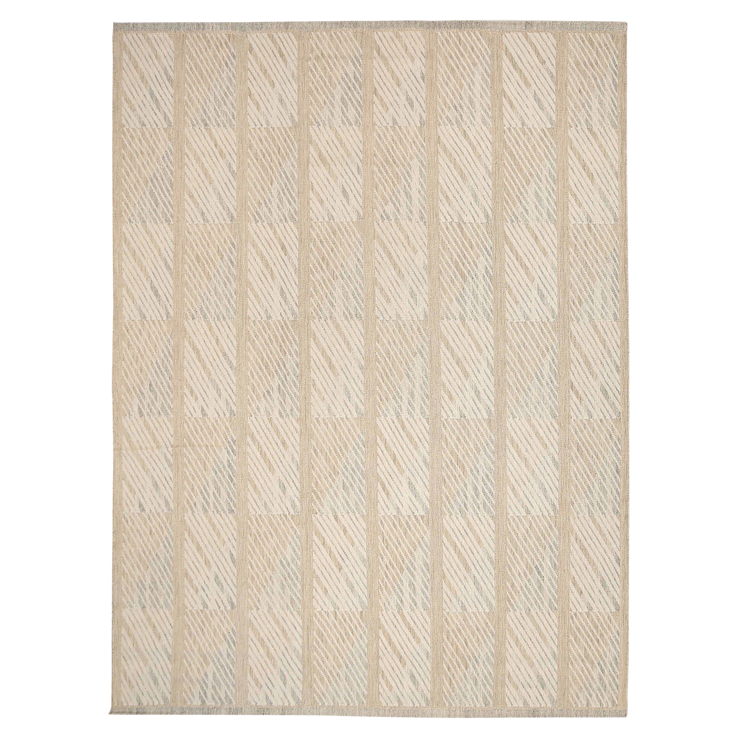 India Scandinavian Area Rugs Circa 1990 - Wool Ivory Taupe Design - 92375
