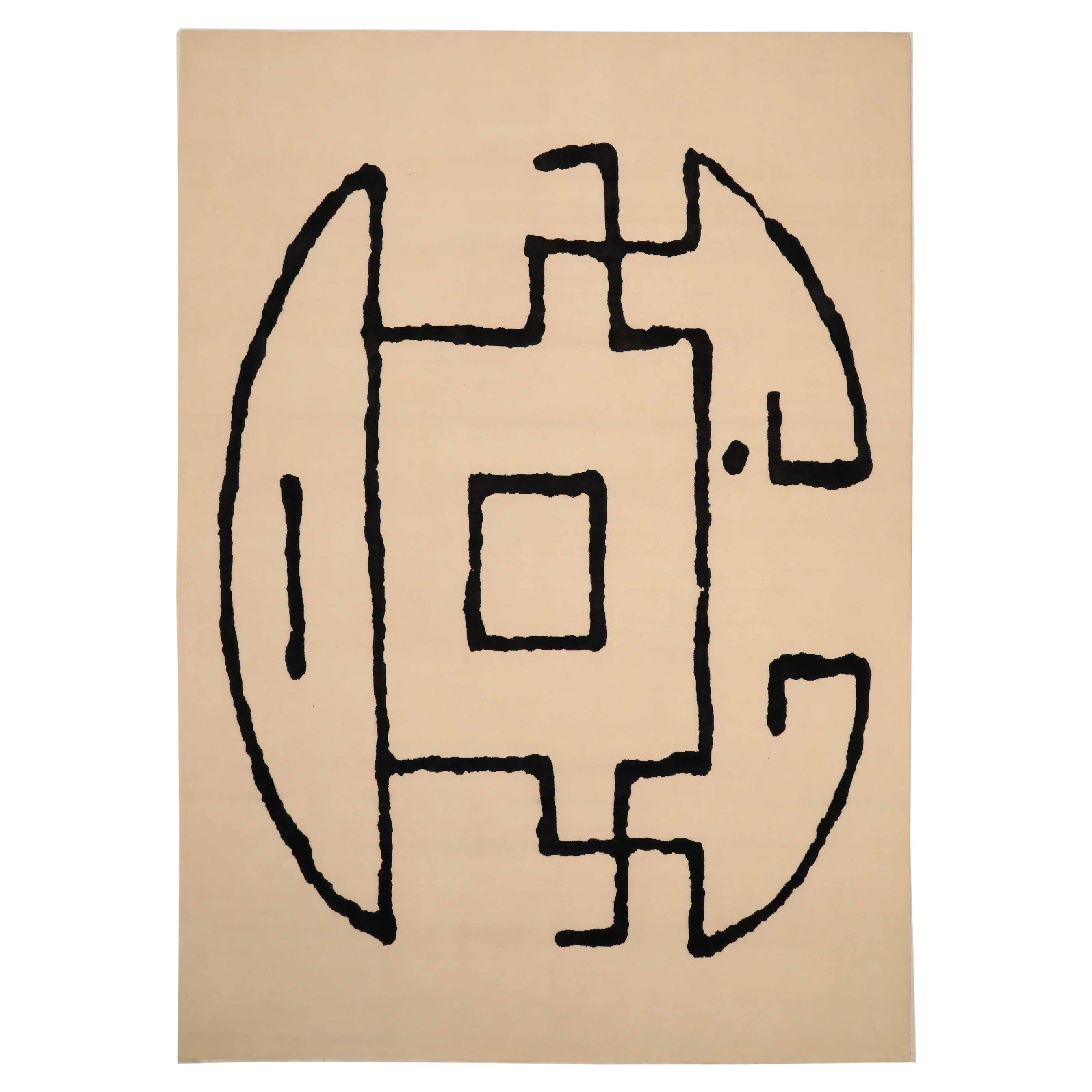 India Area Rugs Circa 1990 - Wool Black Ivory Design - 92394