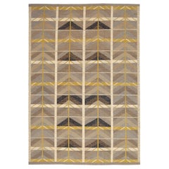 India Scandinavian Area Rugs Circa 1990 - Wool Brown Ivory Taupe Yellow - 92379