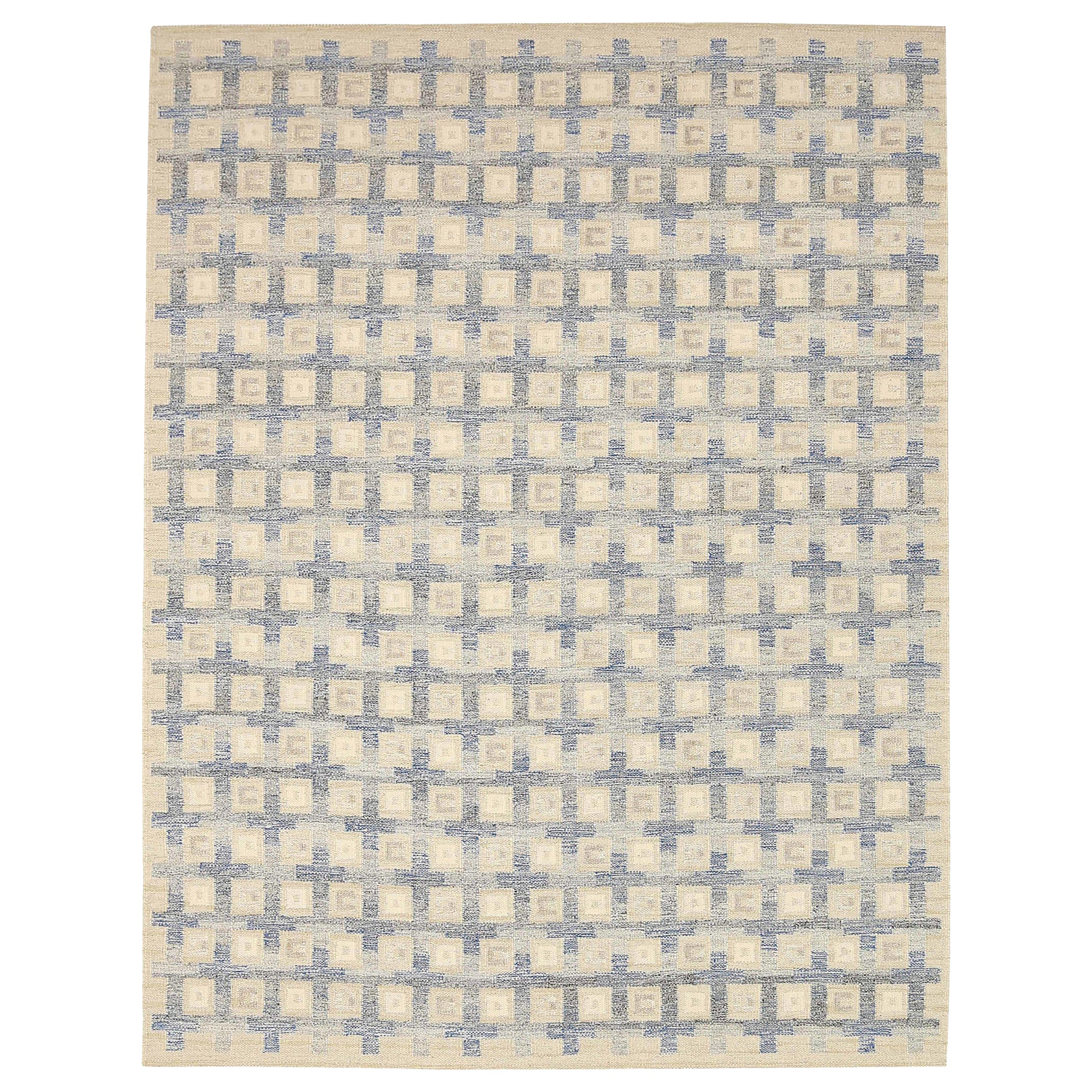 India Scandinavian Area Rugs Circa 1990 - Wool Blue Ivory Design - 92382