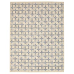 India Scandinavian Area Rugs Circa 1990 - Wool Blue Ivory Design - 92382