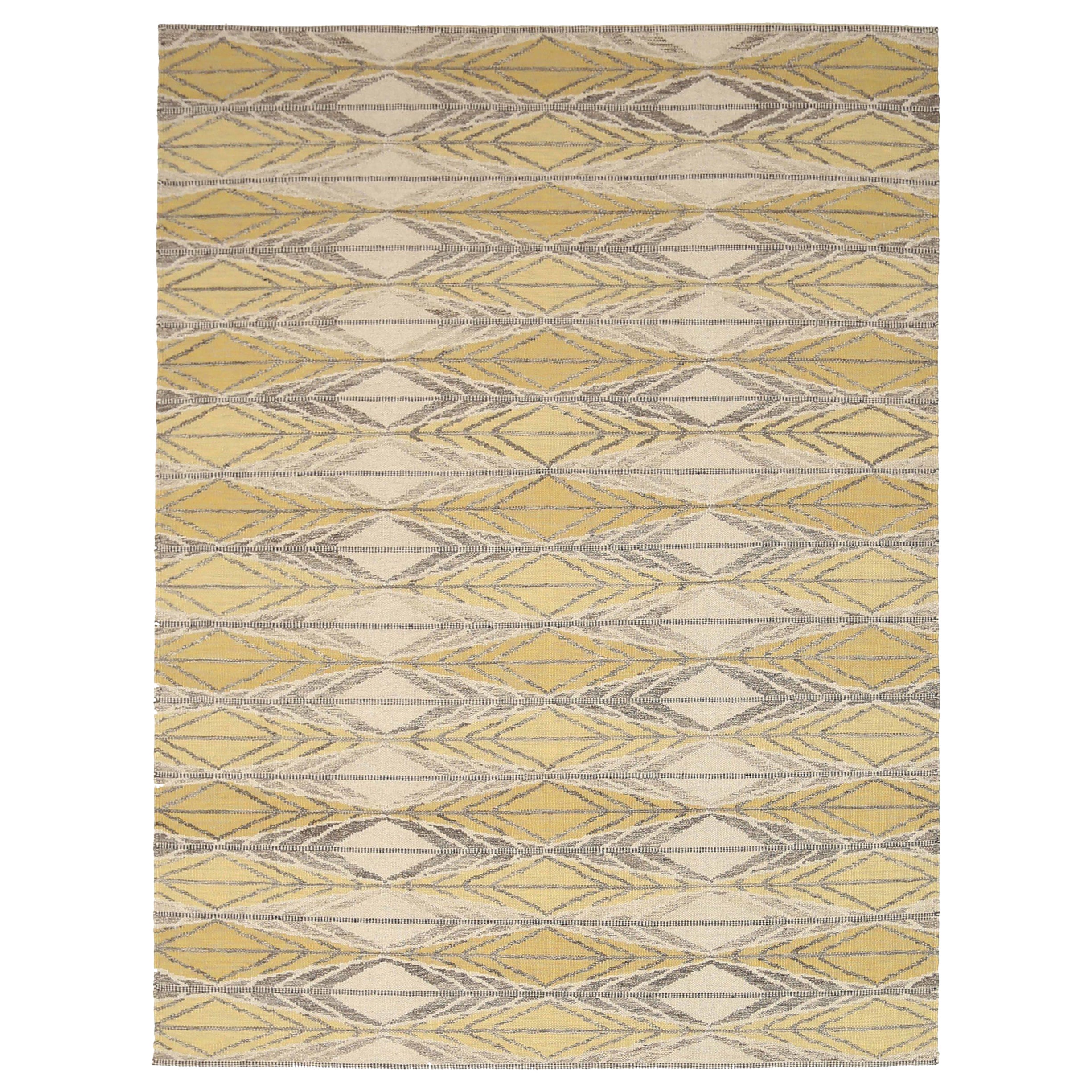 Tapis de sol scandinave de l'Inde Circa 1990 - Laine Brown Ivory Yellow Design - 92383