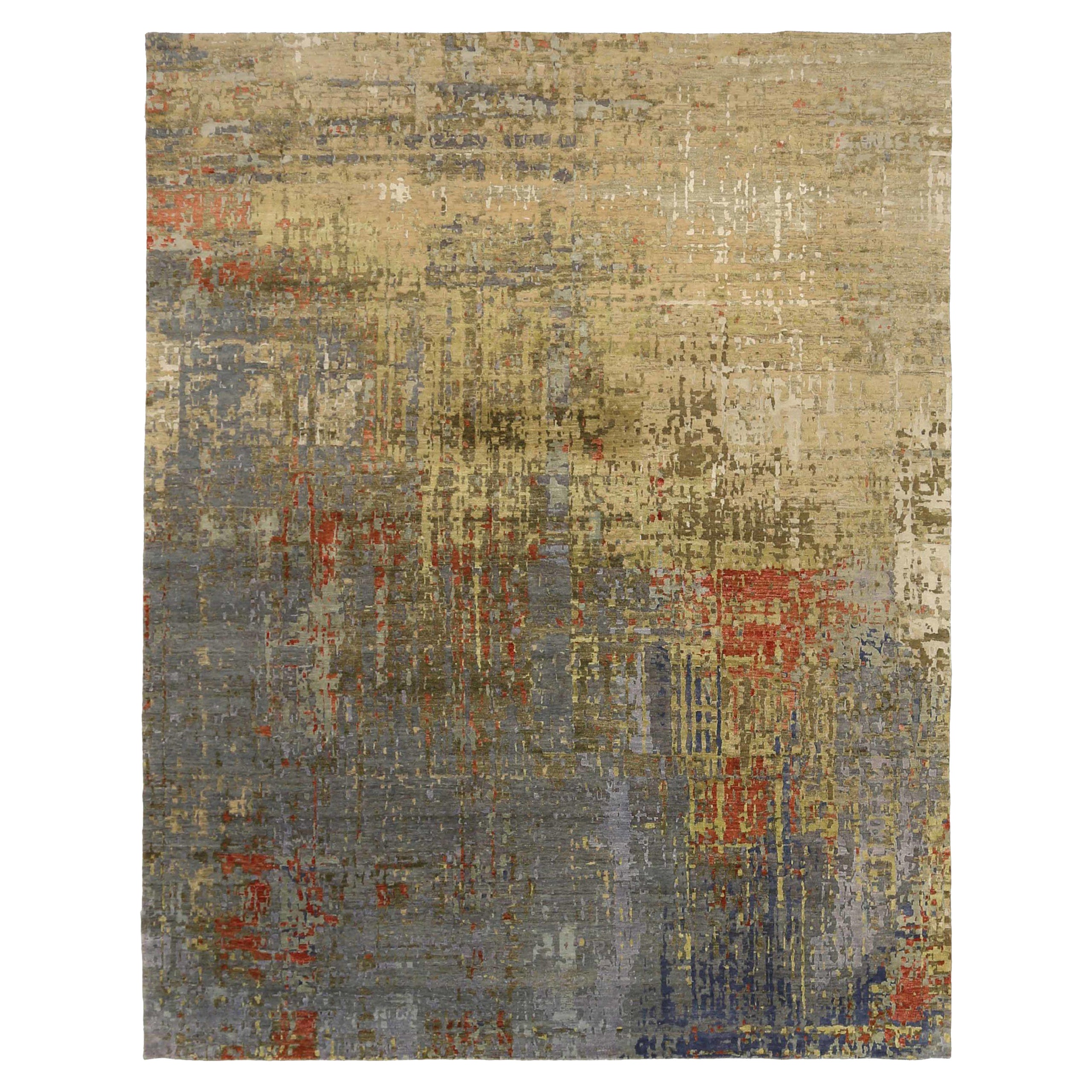 India Over Size Rug Circa 1990 - Wool Gray Green Ivory Red Design - 92479