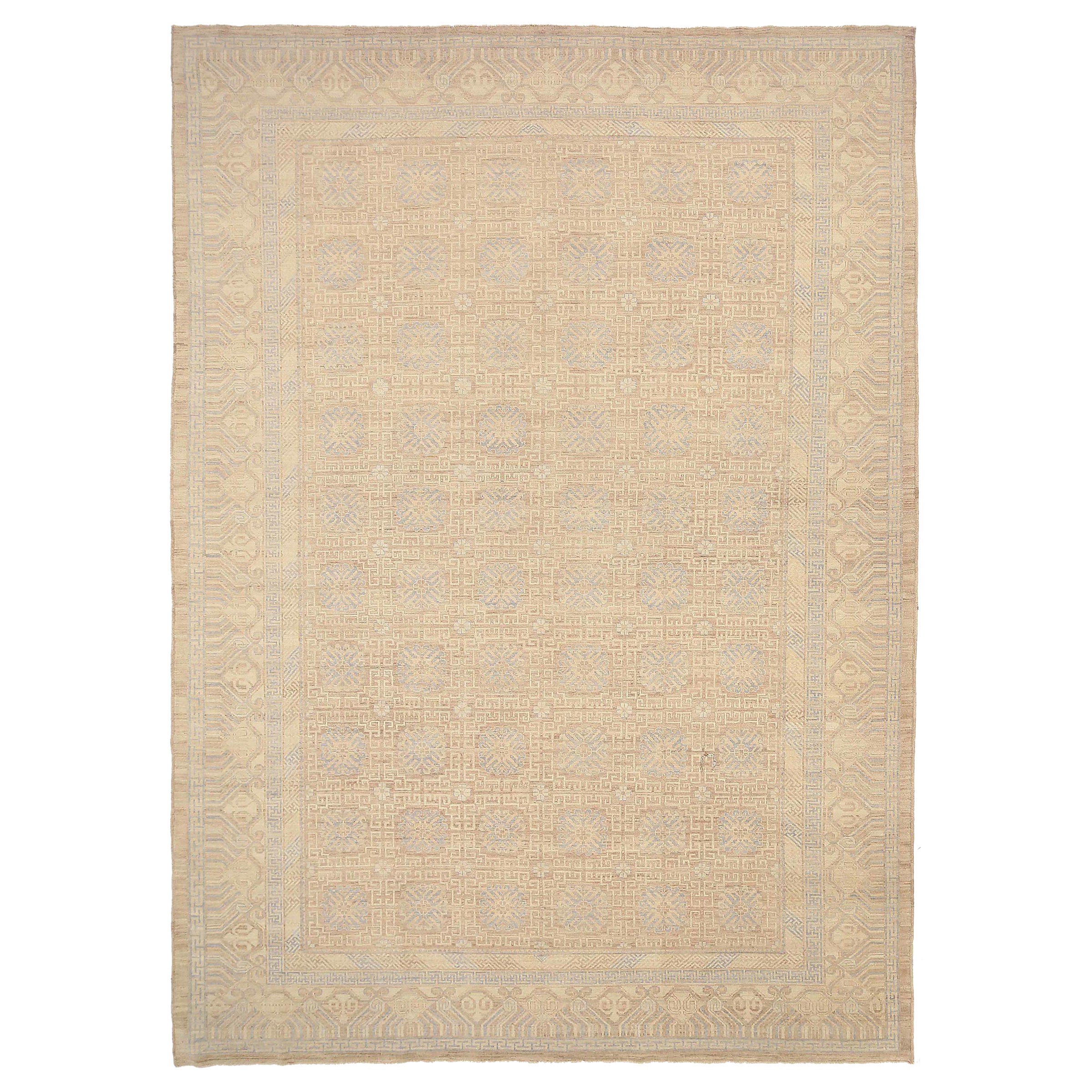 Alfombra Afgana Khotan Circa 1990 - Lana Azul Marfil Topo - 92440
