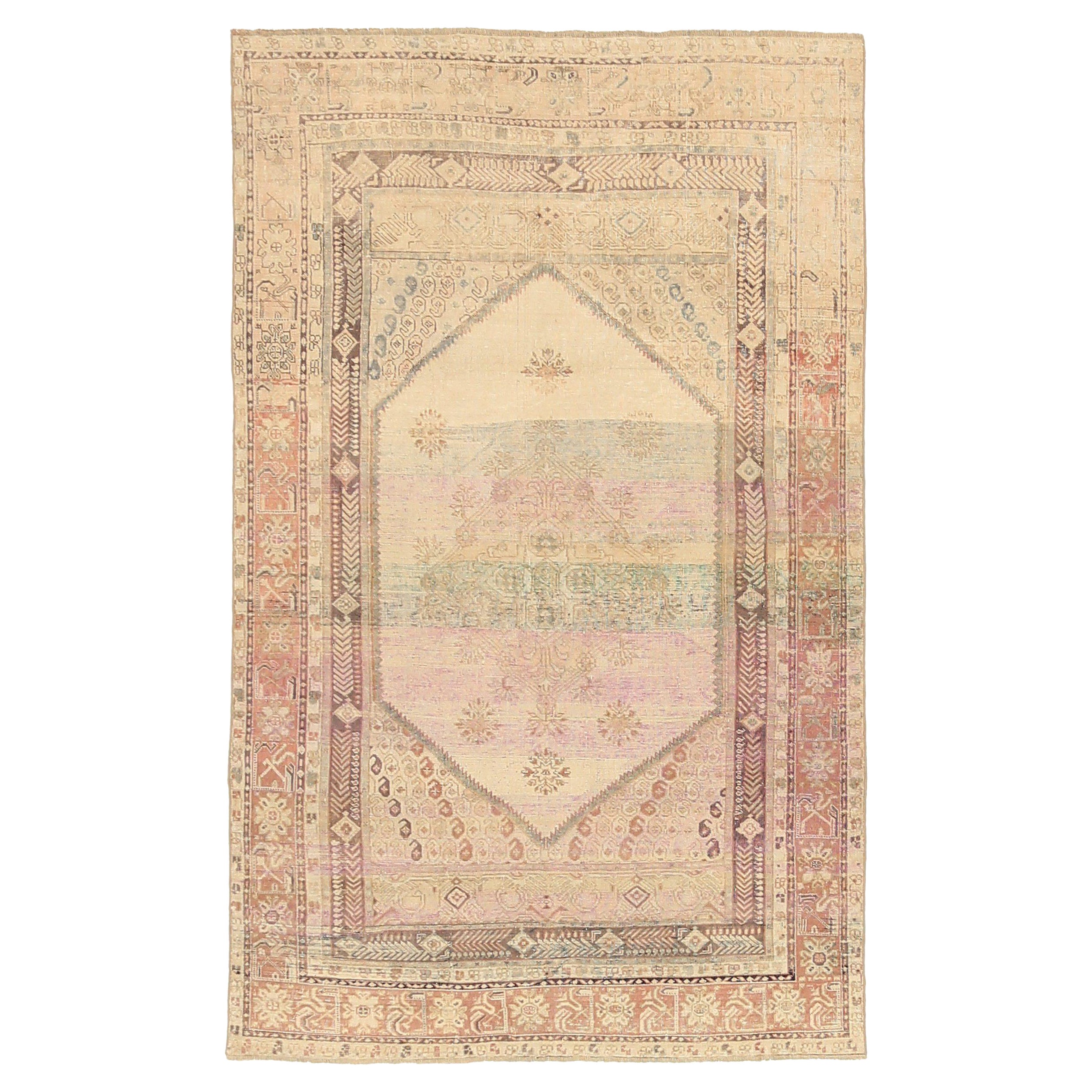 Turkey Anatoly Small Rug Circa 1940 - Wool Ivory Pink Design - 92517