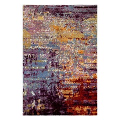 Hand-Knotted Abstract Wool Persian Rug in Blue, Purple, Red, and Yellow, 8 x 10