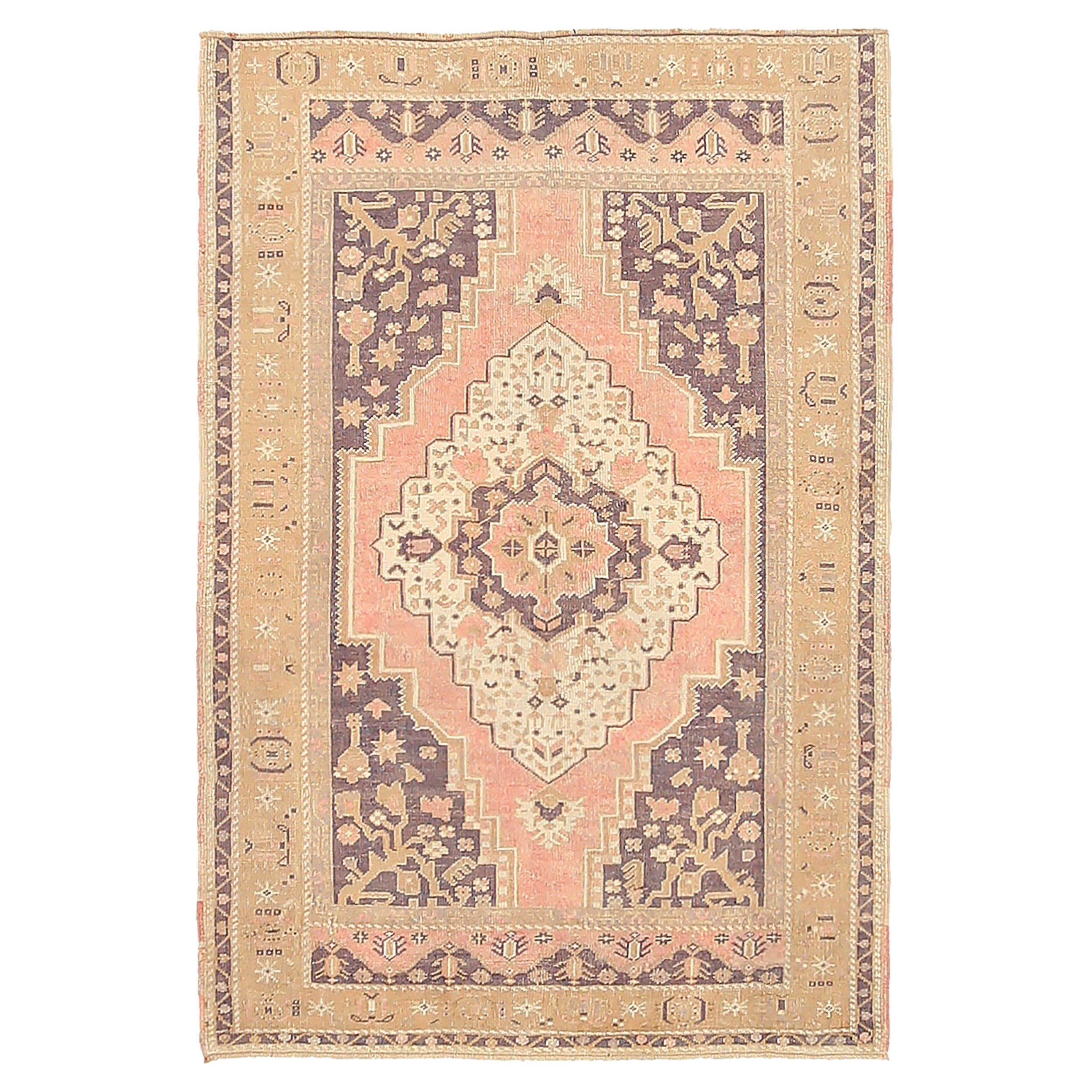 Turkey Anatoly Small Rug Circa 1940 - Wool Brown Ivory Pink Taupe Design - 92526