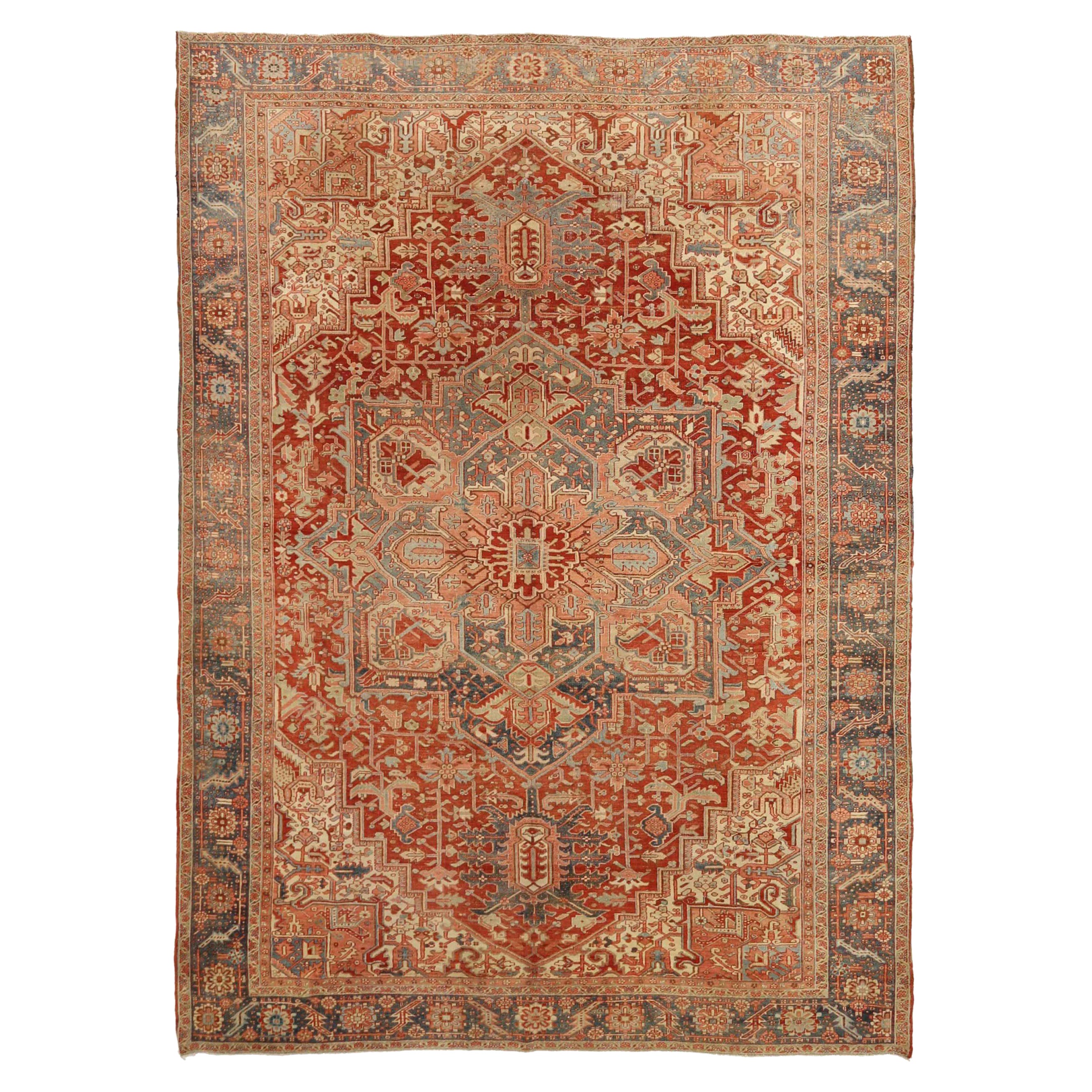 Persische Heriz-Teppiche Circa 1880 - Wolle Blau Elfenbein Rot Design - 92545