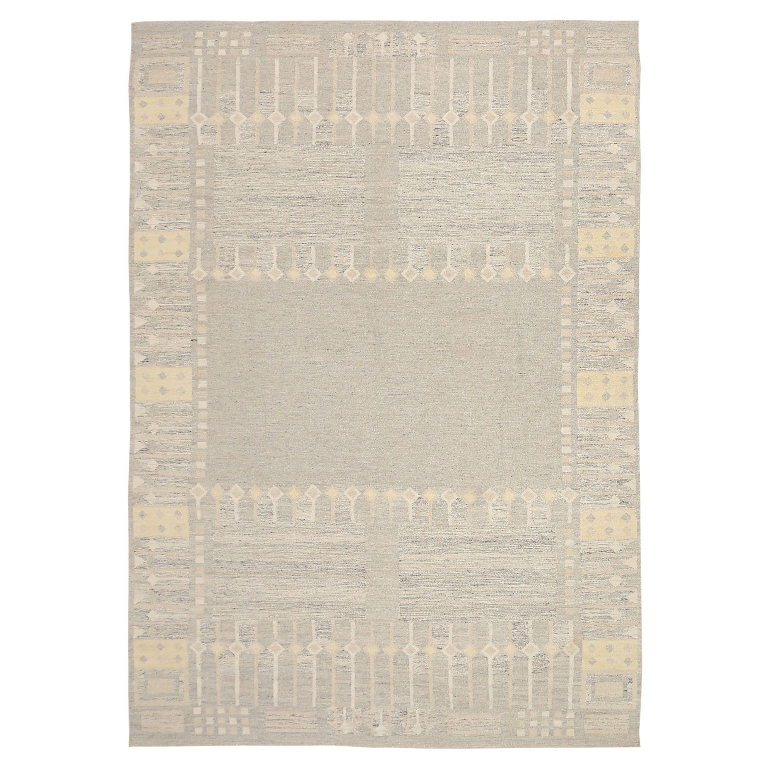 Afghanistan Tapis de sol scandinave Circa 1990 - Laine Ivoire Taupe Jaune - 92572