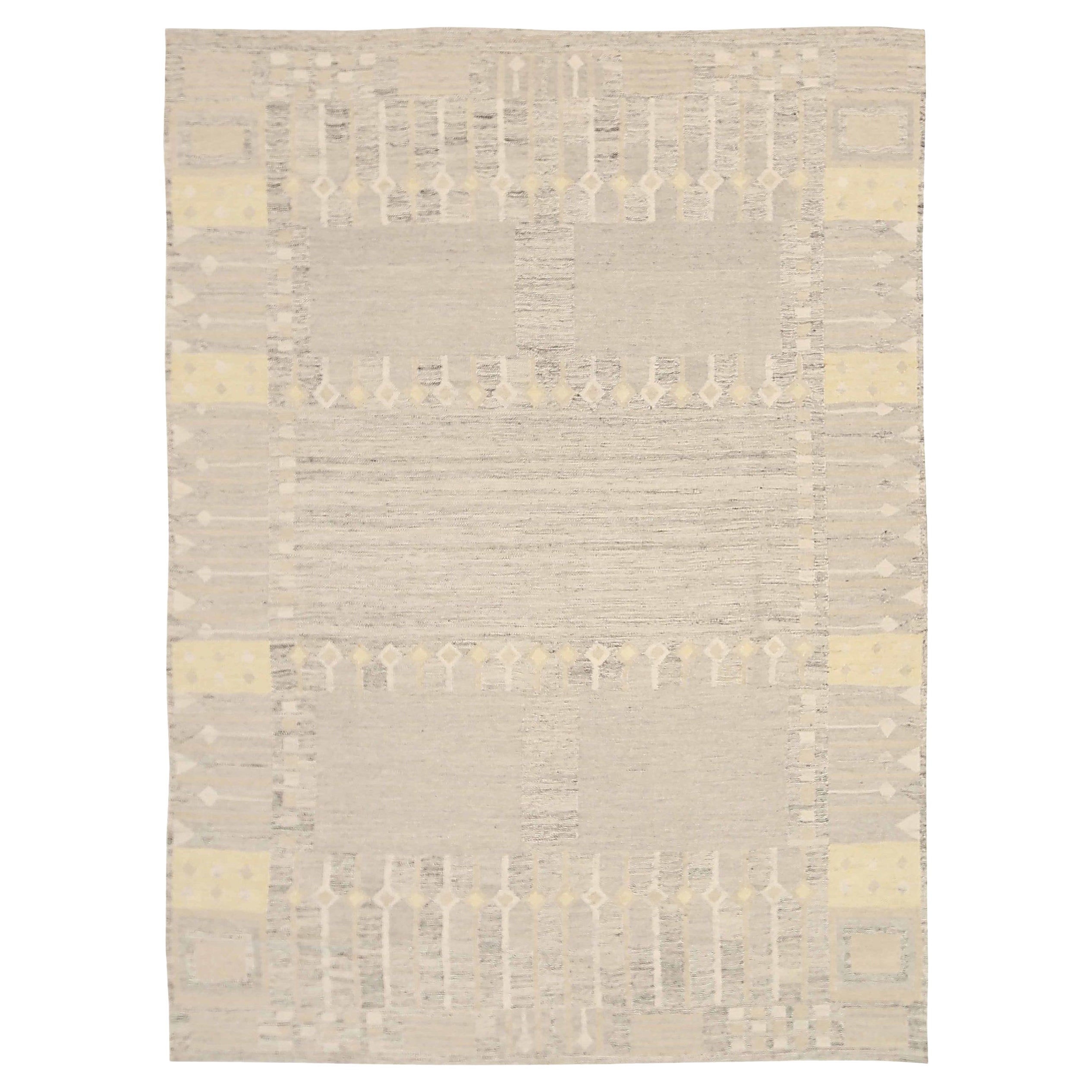 Afghanistan Tapis de sol scandinave Circa 1990 - Laine Ivoire Taupe Jaune - 92592