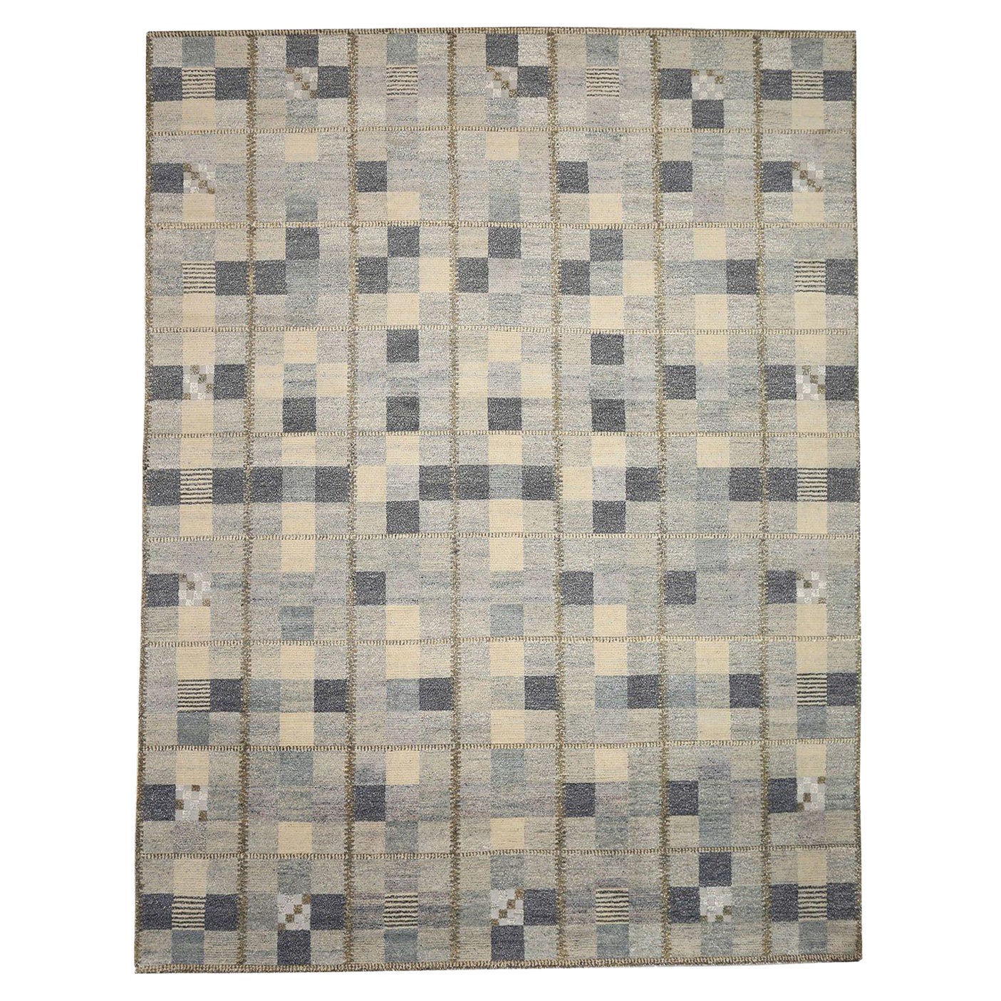 Skandinavischer übergroßer indischer Teppich Circa 1990 - Wolle Grau Elfenbein Design - 92614