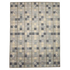 Skandinavischer übergroßer indischer Teppich Circa 1990 - Wolle Grau Elfenbein Design - 92614