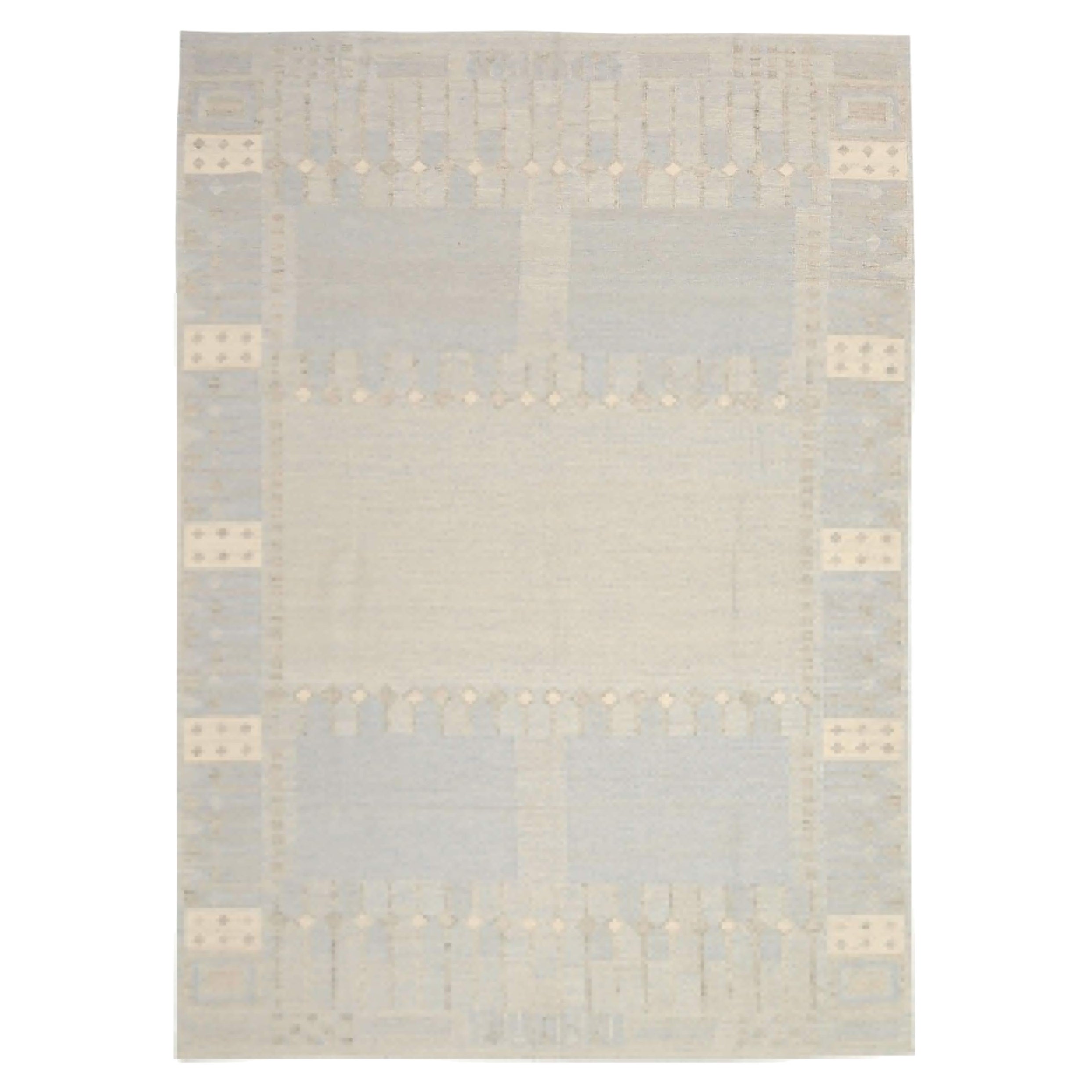 Afghanistan Tapis de sol scandinave Circa 1990 - Laine Bleu Gris Ivoire - 92602